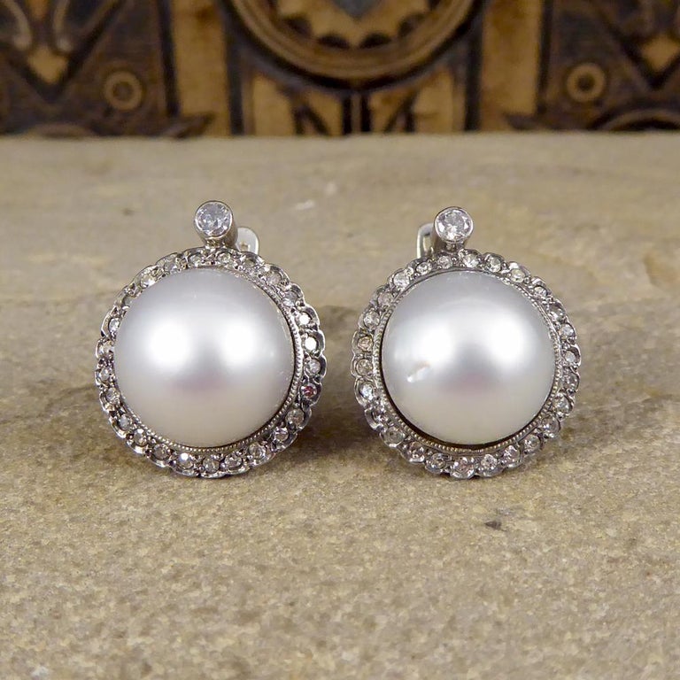 Vintage Cultured Pearl Diamond Halo Omega Clip Earrings in 18 Carat ...