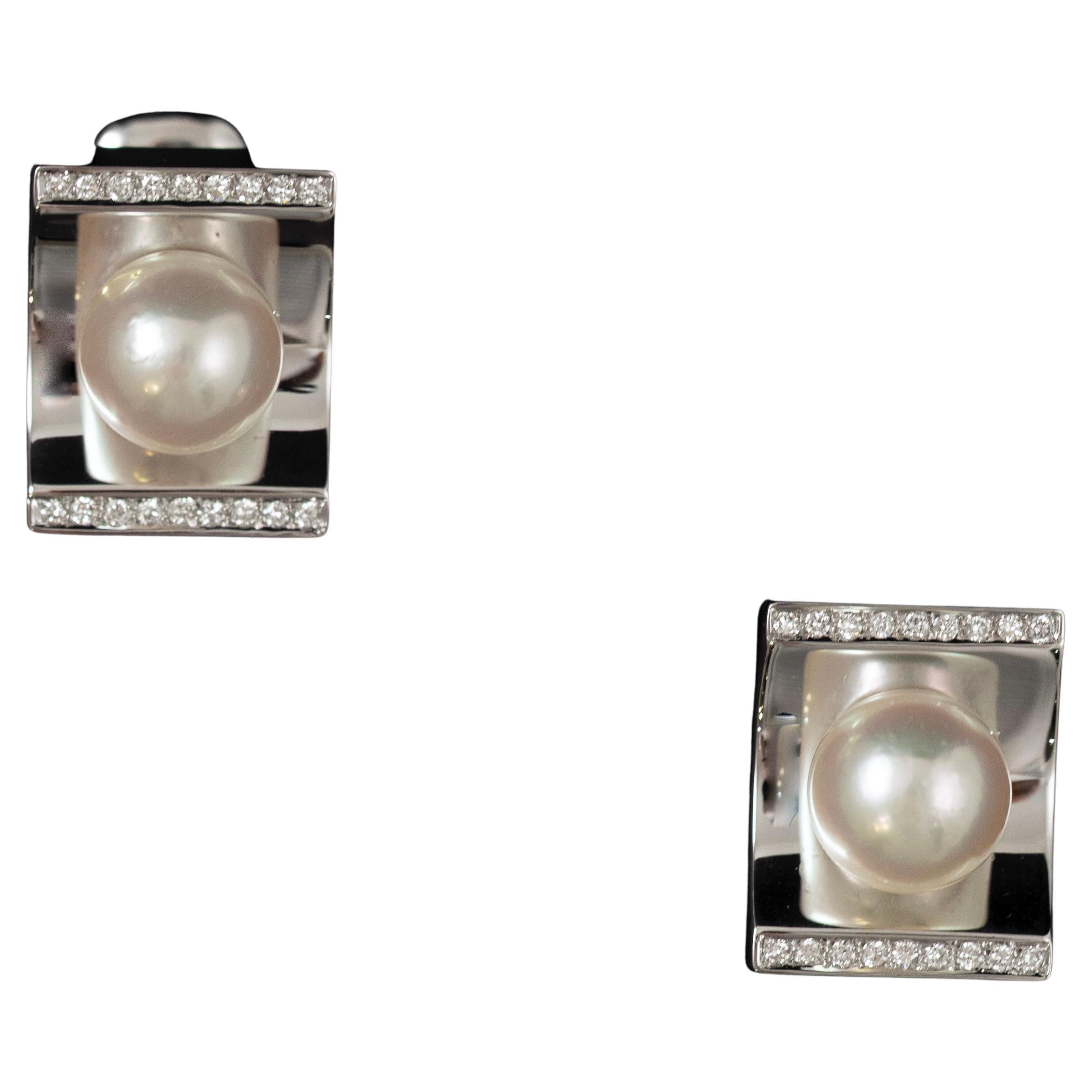 Pendientes Odeonescos Vintage Perla Cultivada Diamante Oro Blanco 19.2K Portugués