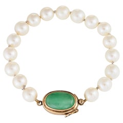 Vintage Cultured Pearl Jade Bracelet 14k Yellow Gold Estate Fine Jewelry
