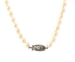 Vintage Cultured Pearl Strand Diamond Clasp Necklace in 14K White Gold