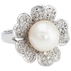 Vintage Cultured South Sea Pearl Diamond Ring 14 Karat White Gold Flower Jewelry Vintage Cultured South Sea Pearl Diamond Ring 14 Karat White Gold Flower Jewelry