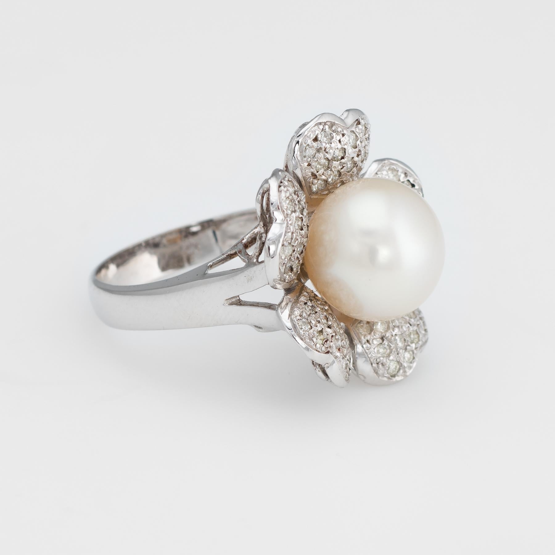 Modern Vintage Cultured South Sea Pearl Diamond Ring 14 Karat White Gold Flower Jewelry