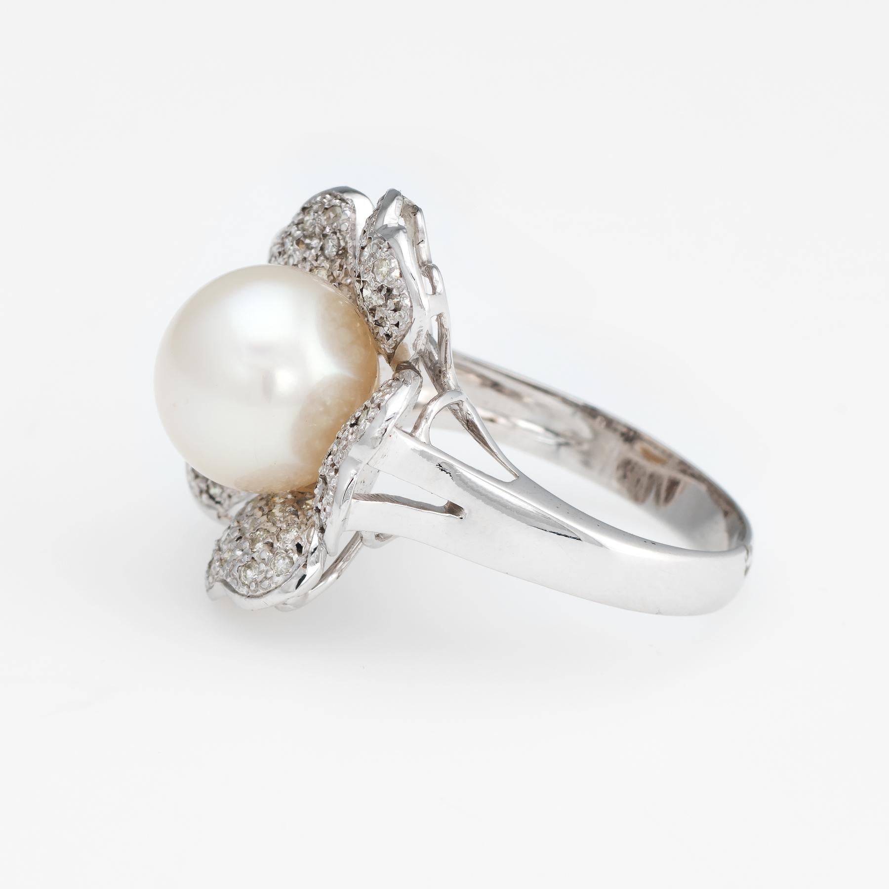 Vintage Cultured South Sea Pearl Diamond Ring 14 Karat White Gold Flower Jewelry In Excellent Condition In Torrance, CA