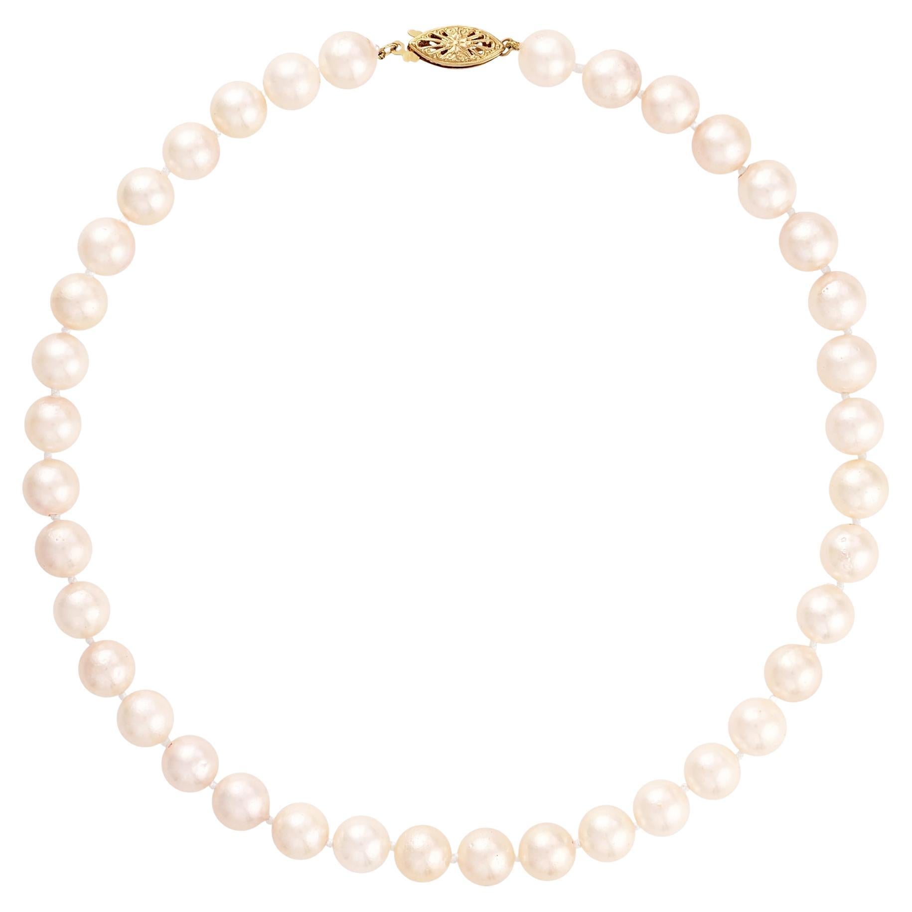 Vintage Cultured White PEARL 9.25-9.50mm Strand 18" NECKLACE 14K Yellow Gold