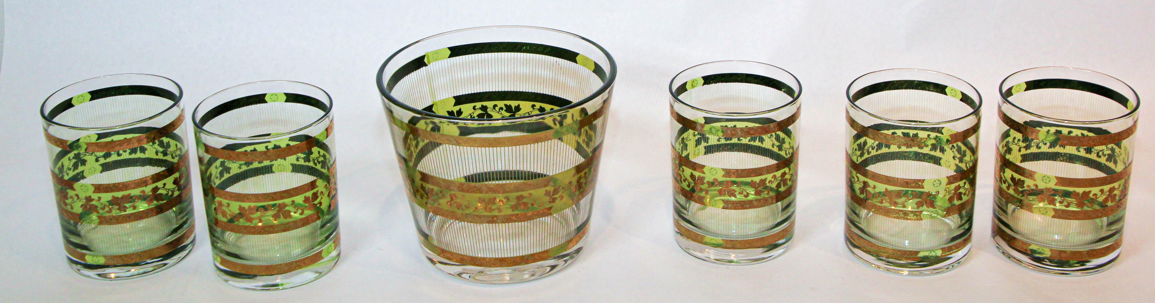 Mid-Century Modern Vintage Culver Barware Cocktail Set Green and Gold Rock Glasses and Ice Bucket For Sale