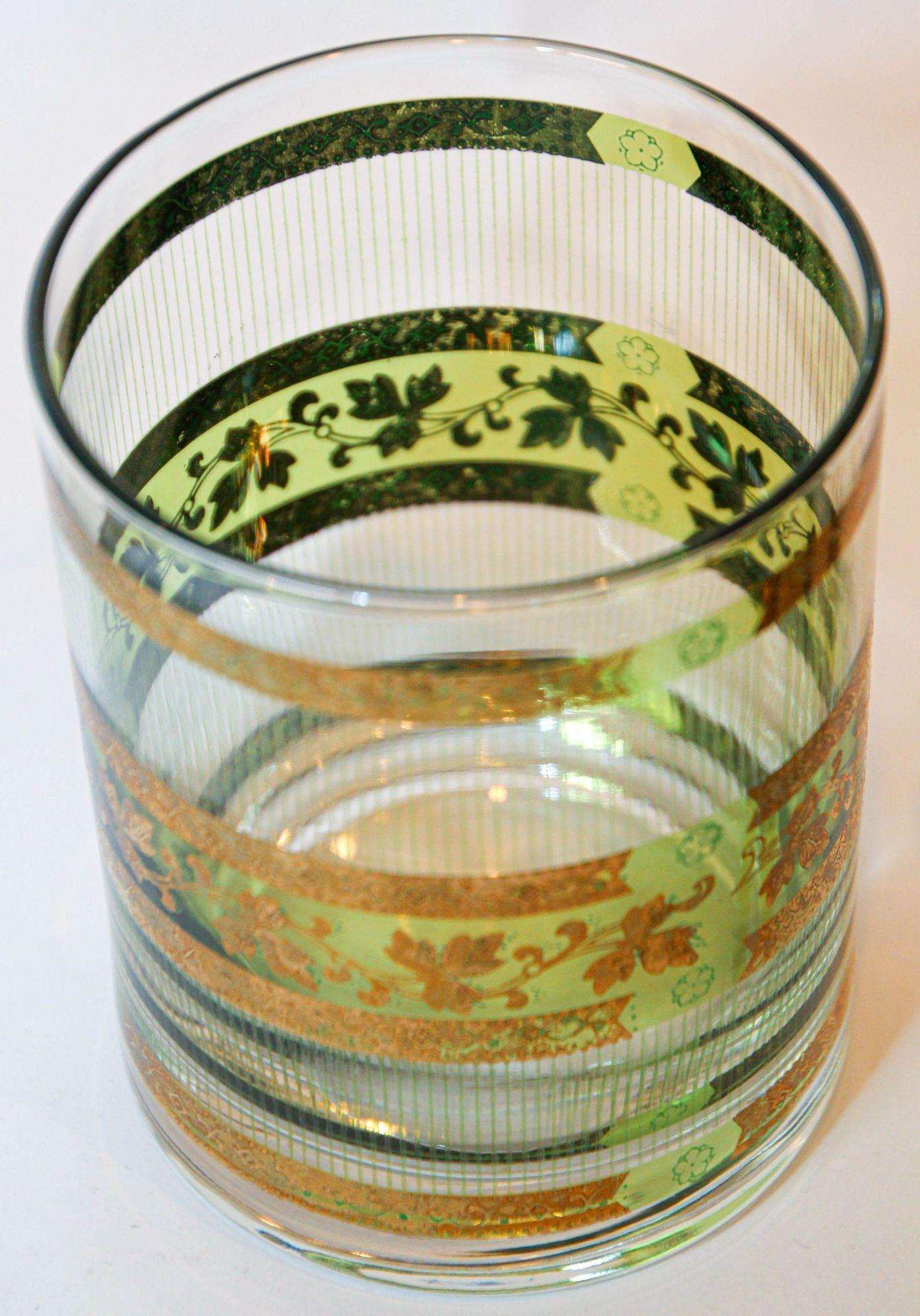 Vintage Culver Barware Cocktail Set Green and Gold Rock Glasses and Ice Bucket For Sale 1