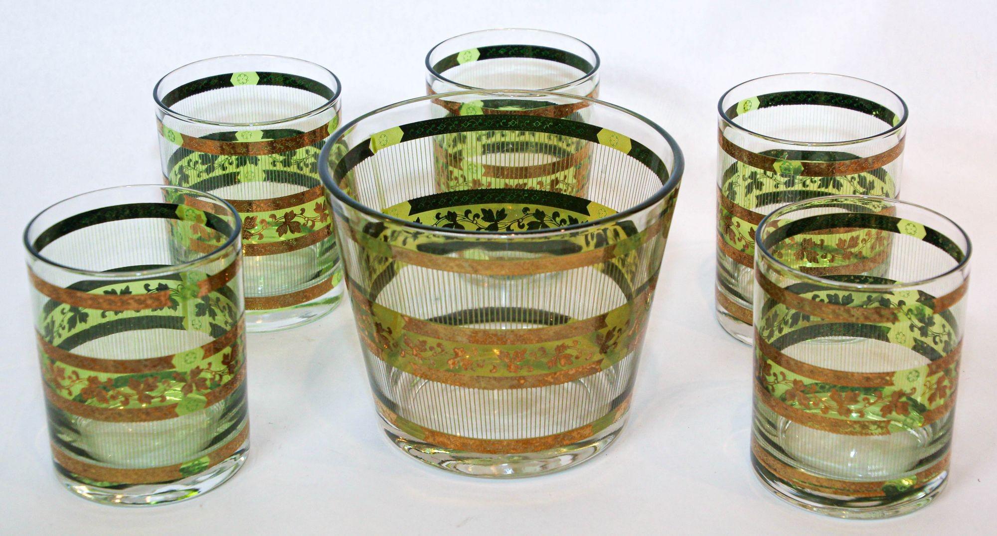 Vintage Culver Barware Cocktail Set Green and Gold Rock Glasses and Ice Bucket For Sale 9