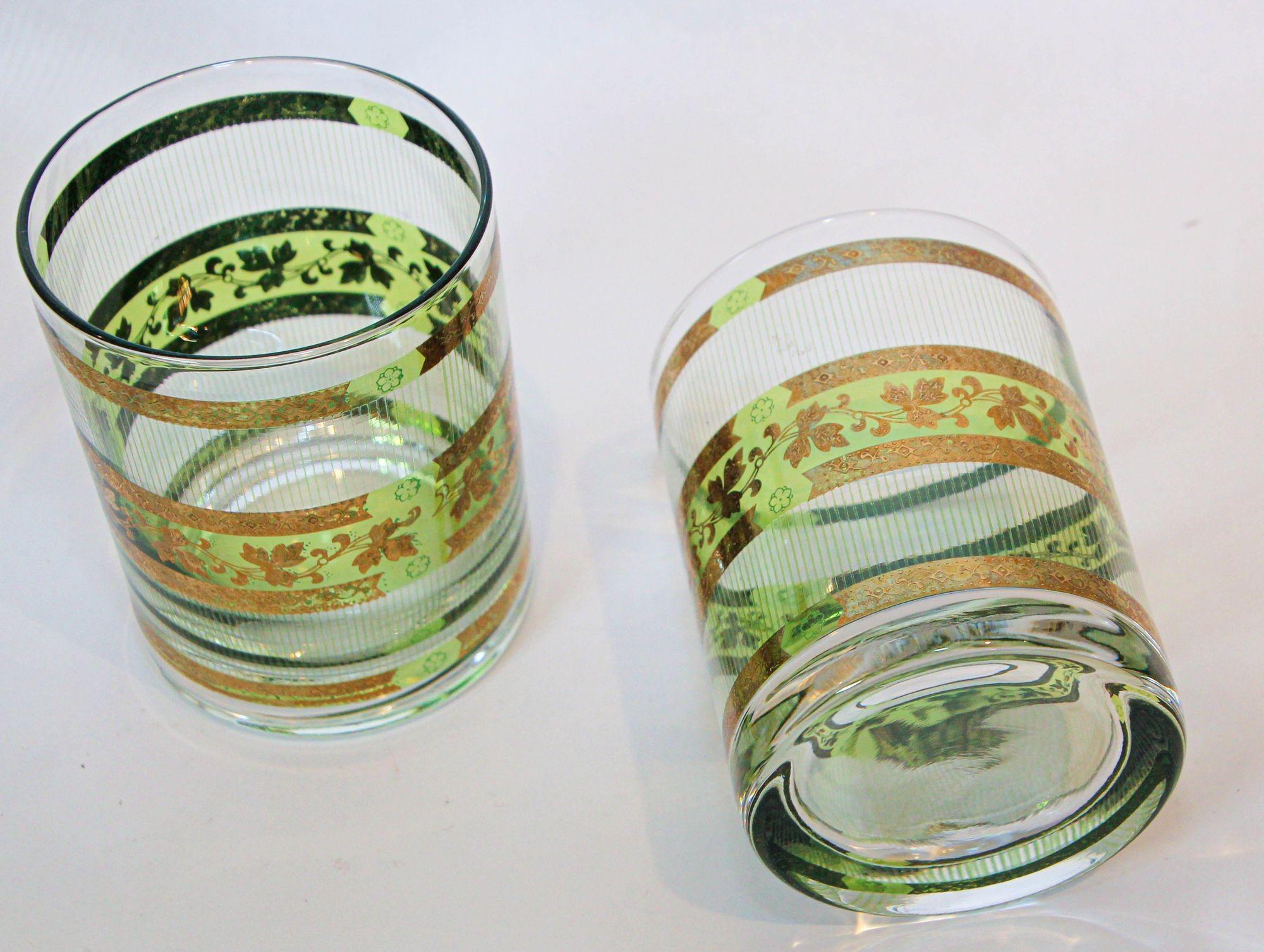 Vintage Culver Barware Cocktail Set Green and Gold Rock Glasses and Ice Bucket In Good Condition For Sale In North Hollywood, CA