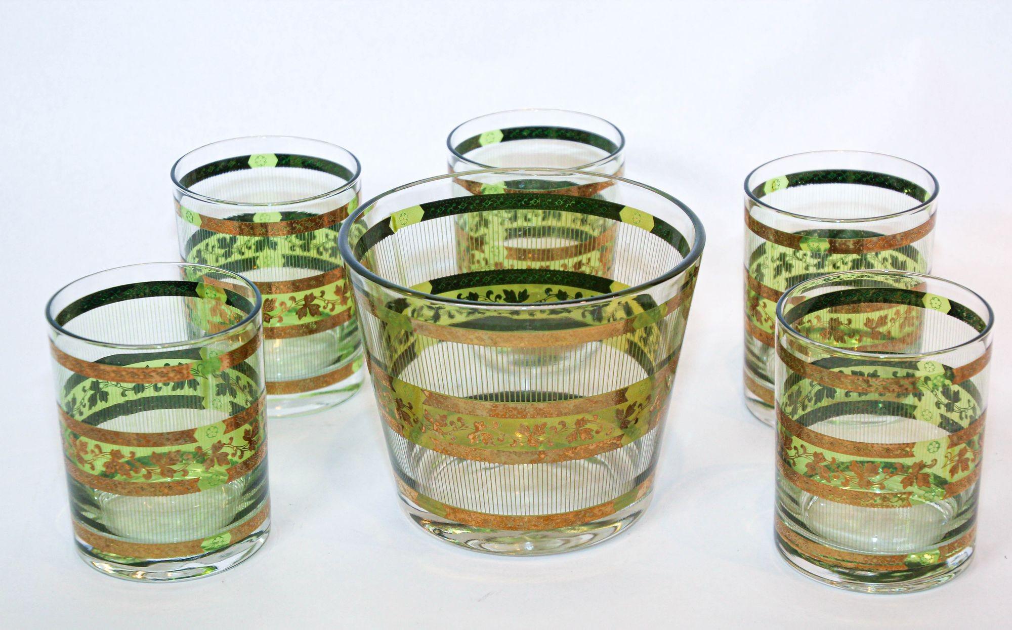 Vintage Culver Barware Cocktail Set Green and Gold Rock Glasses and Ice Bucket For Sale
