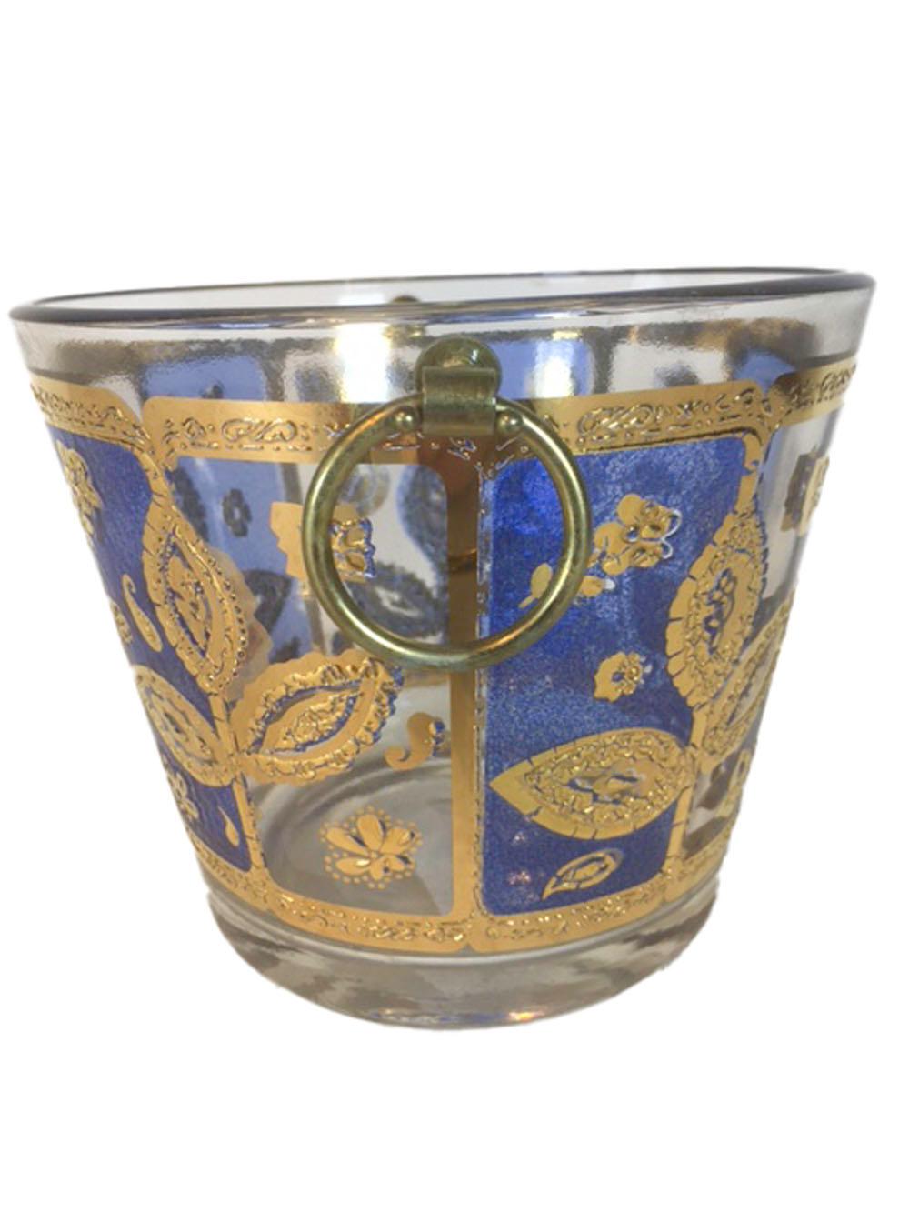 Mid-Century Modern Vintage Culver Blue and Gold Leafstem Ice Bowl and Double Old Fashioned Glasses