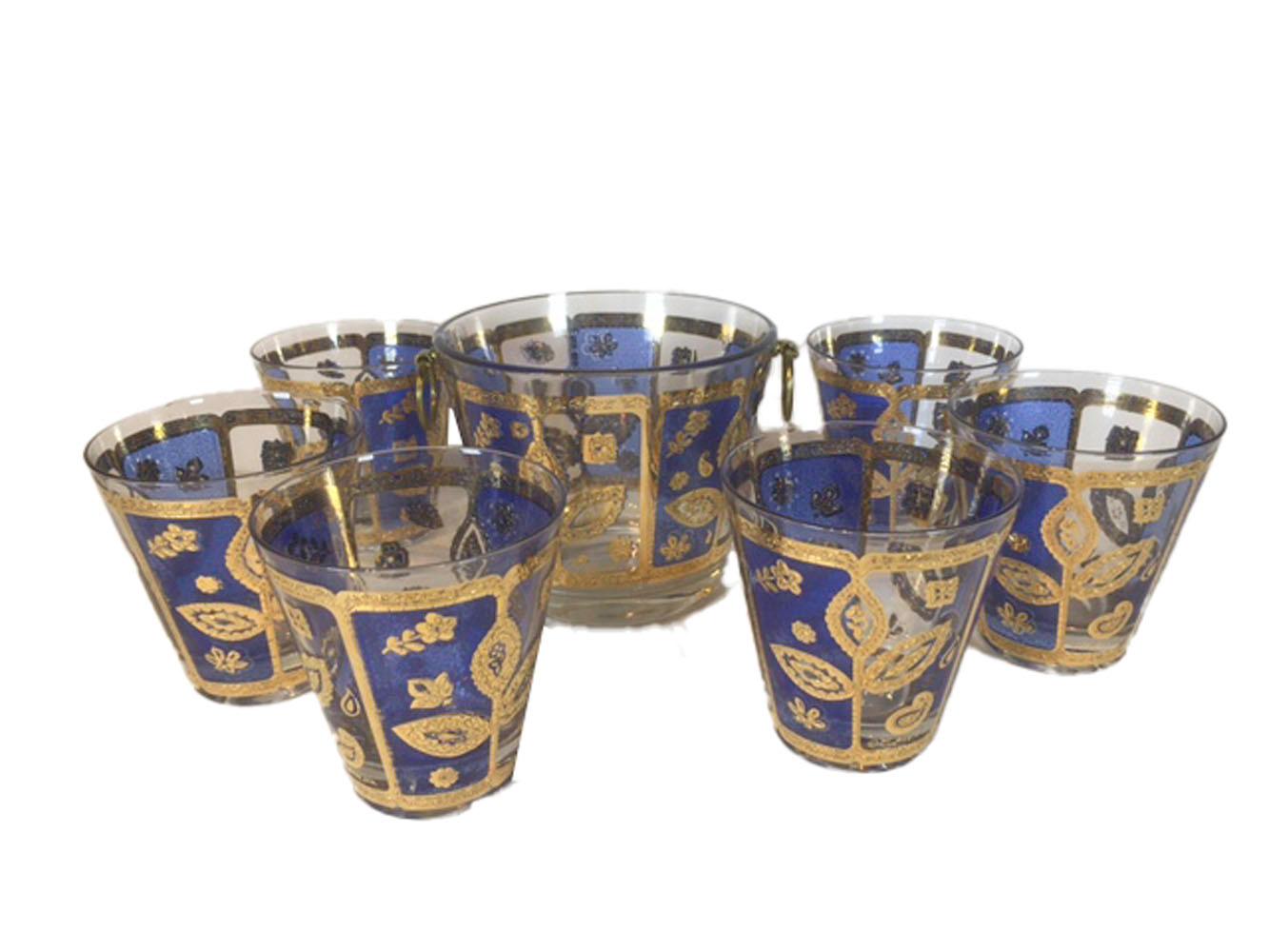 American Vintage Culver Blue and Gold Leafstem Ice Bowl and Double Old Fashioned Glasses
