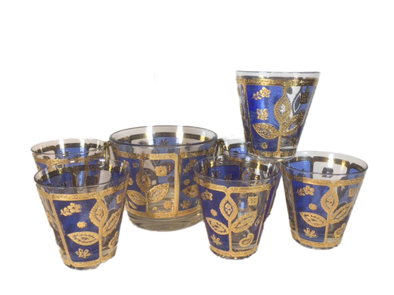 Enameled Vintage Culver Blue and Gold Leafstem Ice Bowl and Double Old Fashioned Glasses