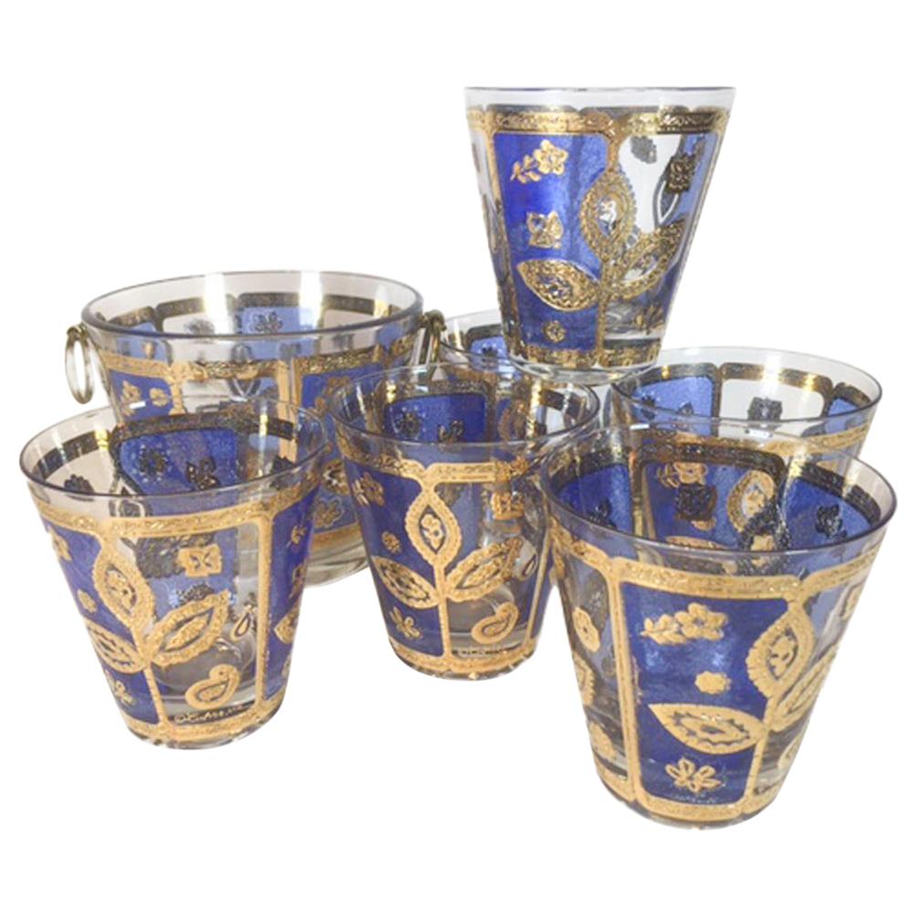 Vintage Culver Blue and Gold Leafstem Ice Bowl and Double Old Fashioned Glasses