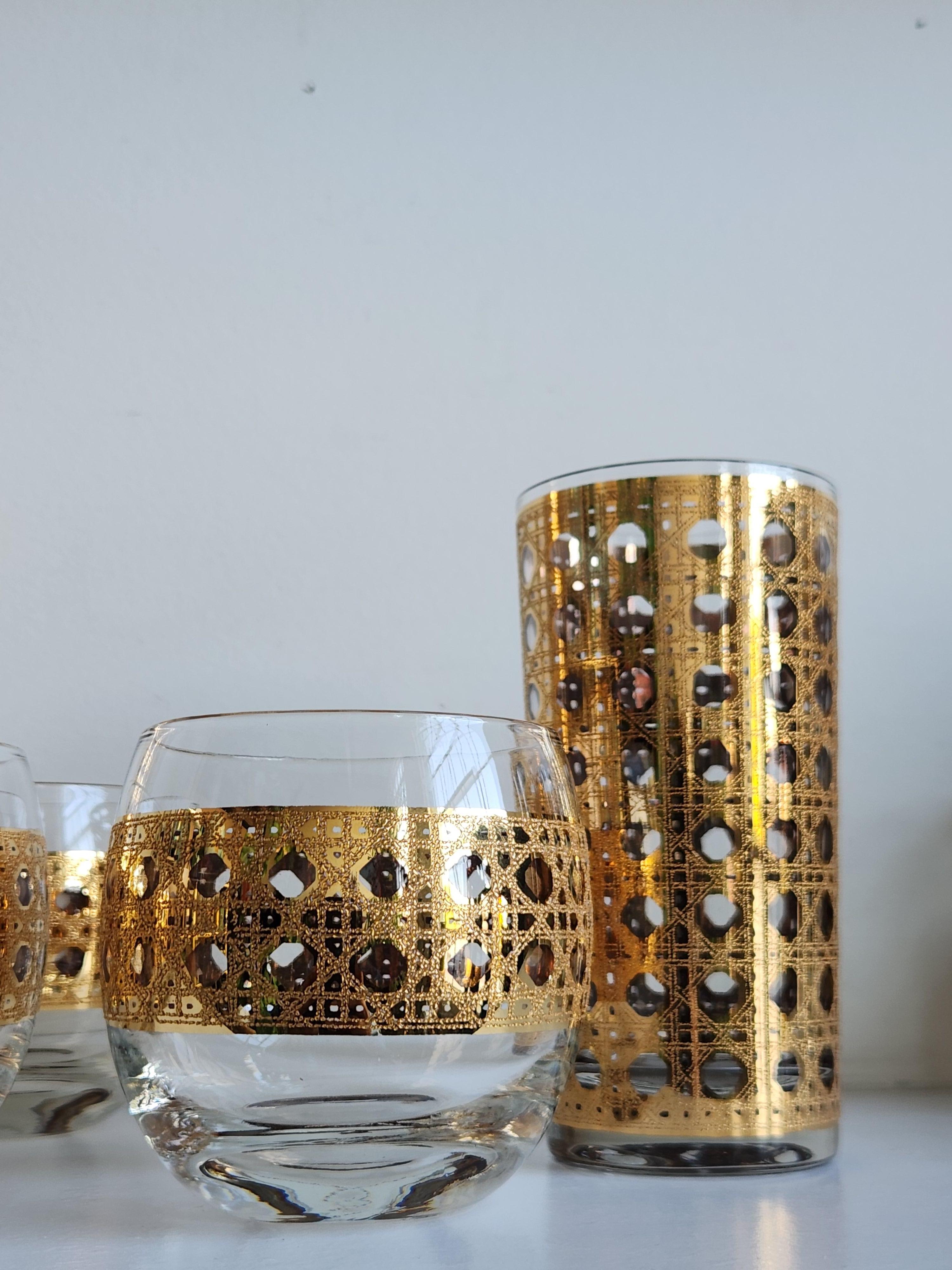 Vintage Culver Canella Gold cane design roly poly set (Glas) im Angebot