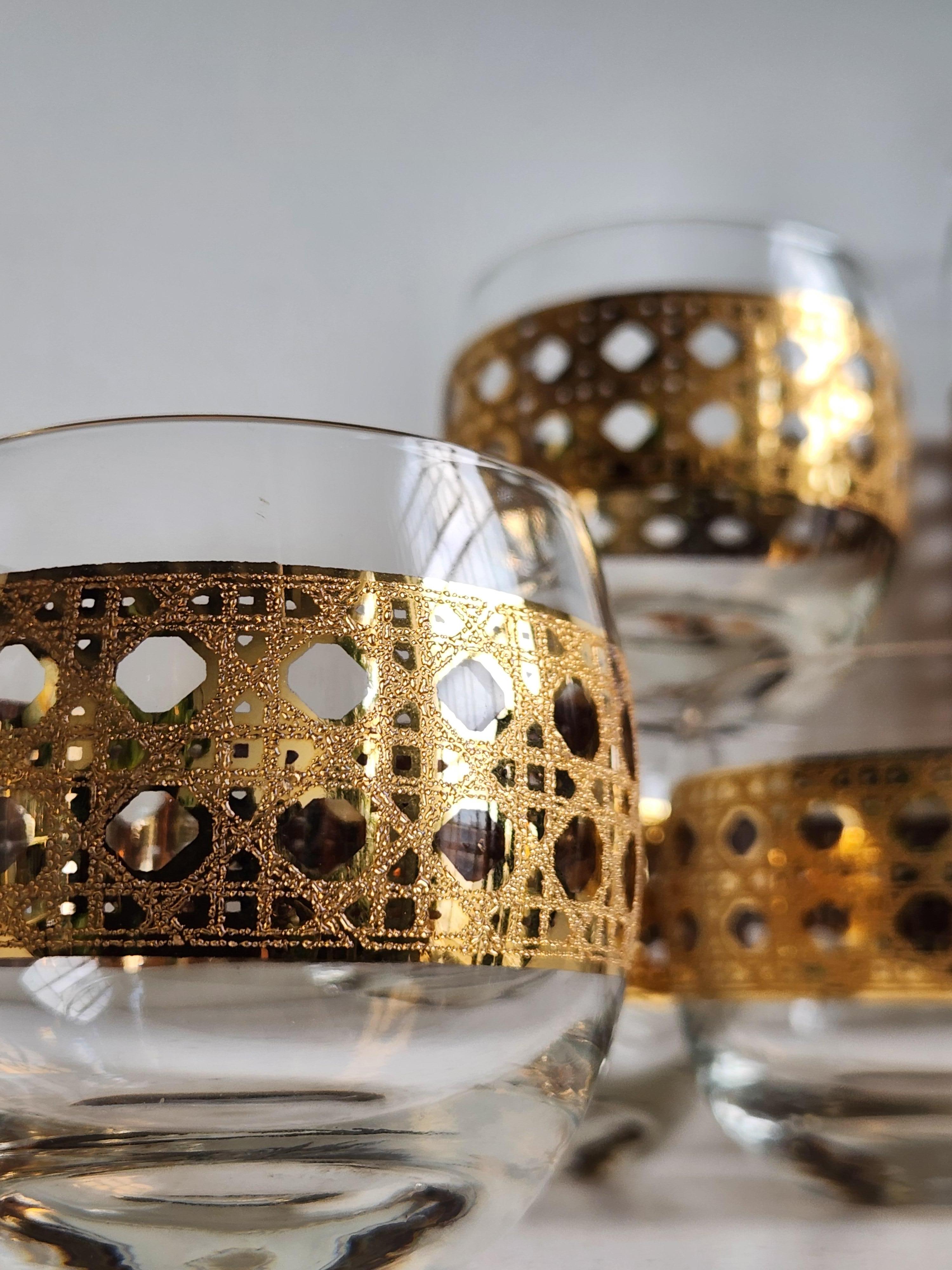 Ein wunderschönes Set von Vintage Culver roly poly hi ball Gläser. Dieses Design, bekannt als Canella, wurde erstmals im Culver-Katalog von 1967 aufgeführt. Gekennzeichnet durch ein Rohrdesign, ähnlich wie bei einem Stuhl mit Rohrboden. Das Design