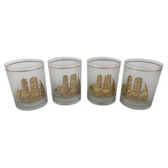 Vintage Culver "Clipper Ship" Rocks Glasses, 22k Ship on Frosted Ground