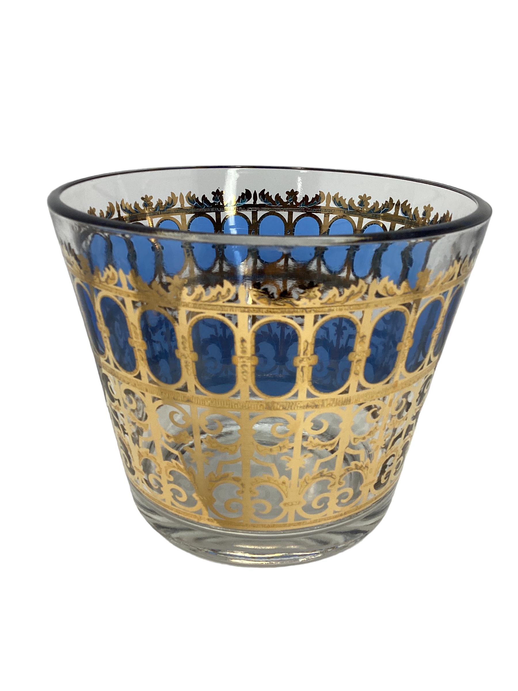 Mid-Century Modern Vintage Culver Cobalt Scroll Cocktail Set, 8 Highball Glasses and Ice Bucket 