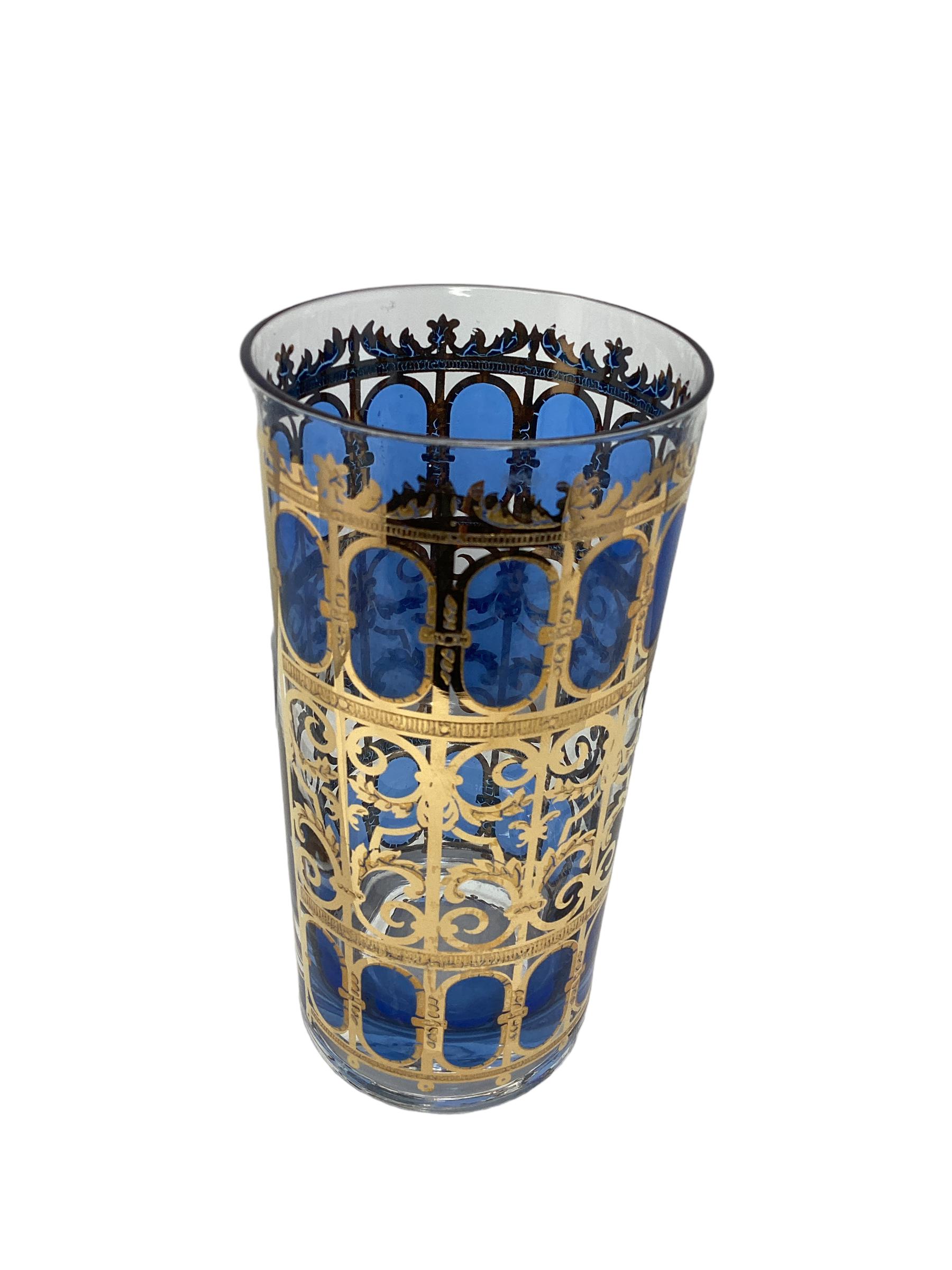 American Vintage Culver Cobalt Scroll Cocktail Set, 8 Highball Glasses and Ice Bucket 