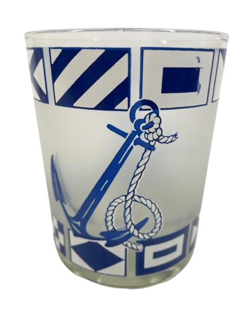 Vintage Culver Frosted Rocks Glasses with Anchors Between Bands of Flags  In Good Condition For Sale In Nantucket, MA