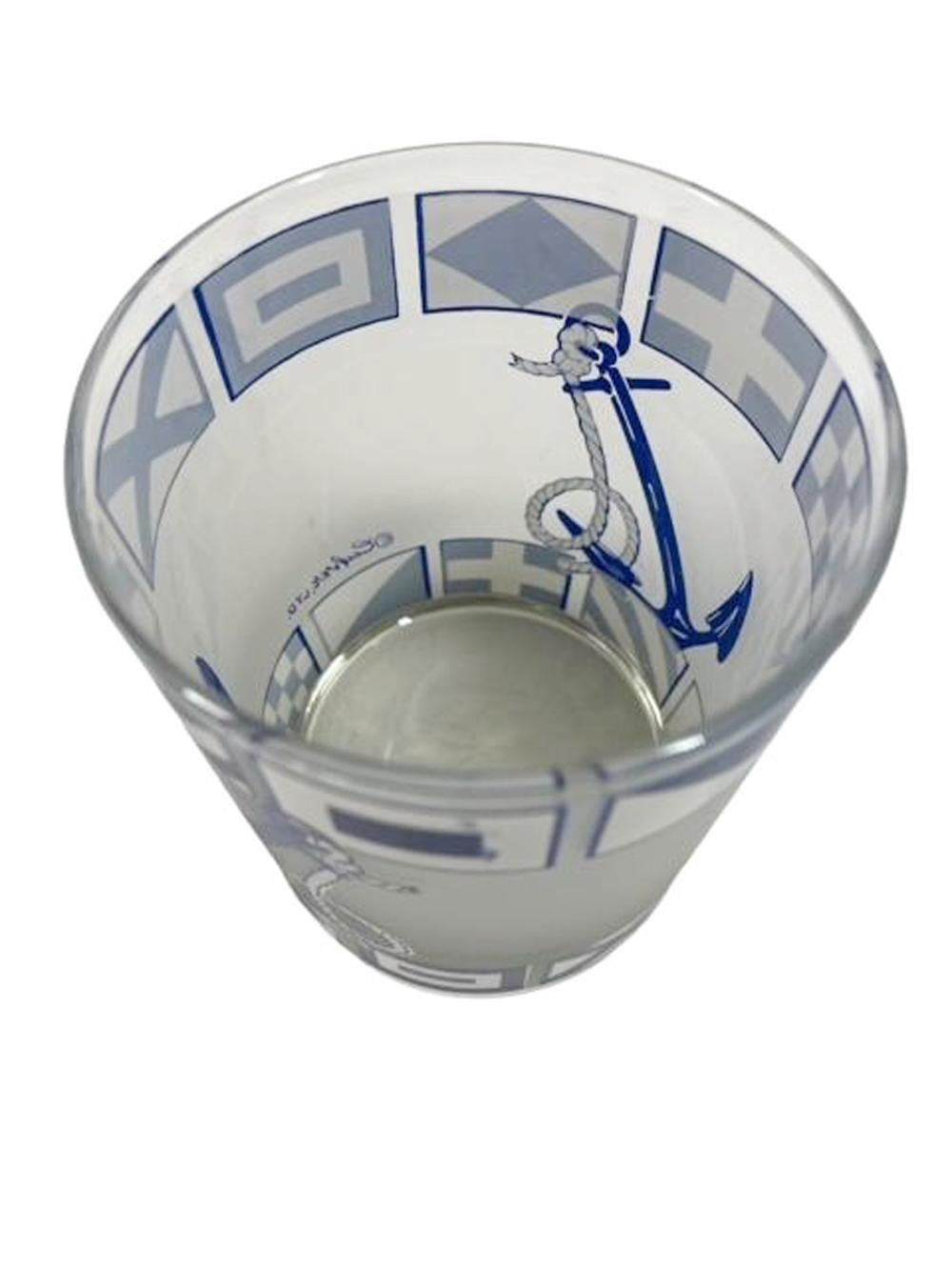 20th Century Vintage Culver Frosted Rocks Glasses with Anchors Between Bands of Flags  For Sale