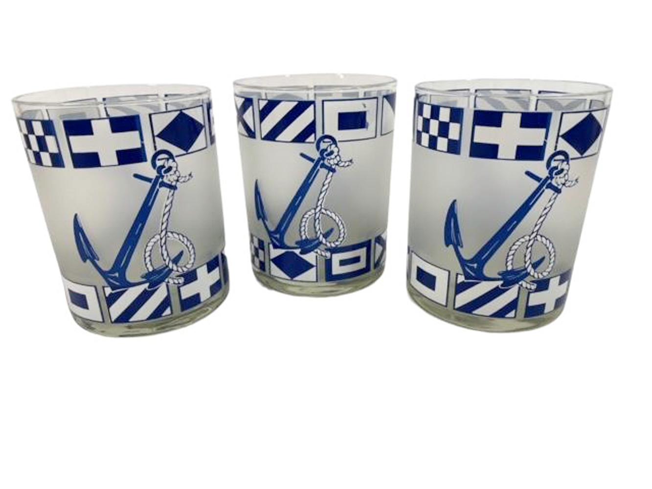 Vintage Culver Frosted Rocks Glasses with Anchors Between Bands of Flags  For Sale 1