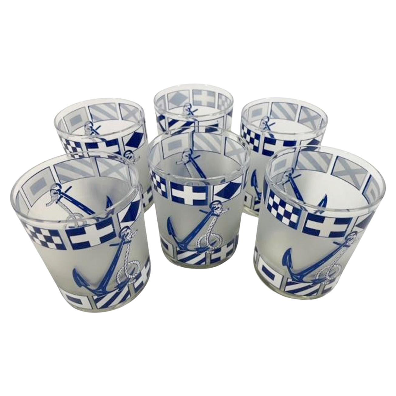 Vintage Culver Frosted Rocks Glasses with Anchors Between Bands of Flags 