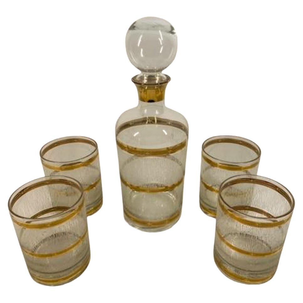 Carafe vintage en verre taillé et quatre verres à roche au motif « Ice »