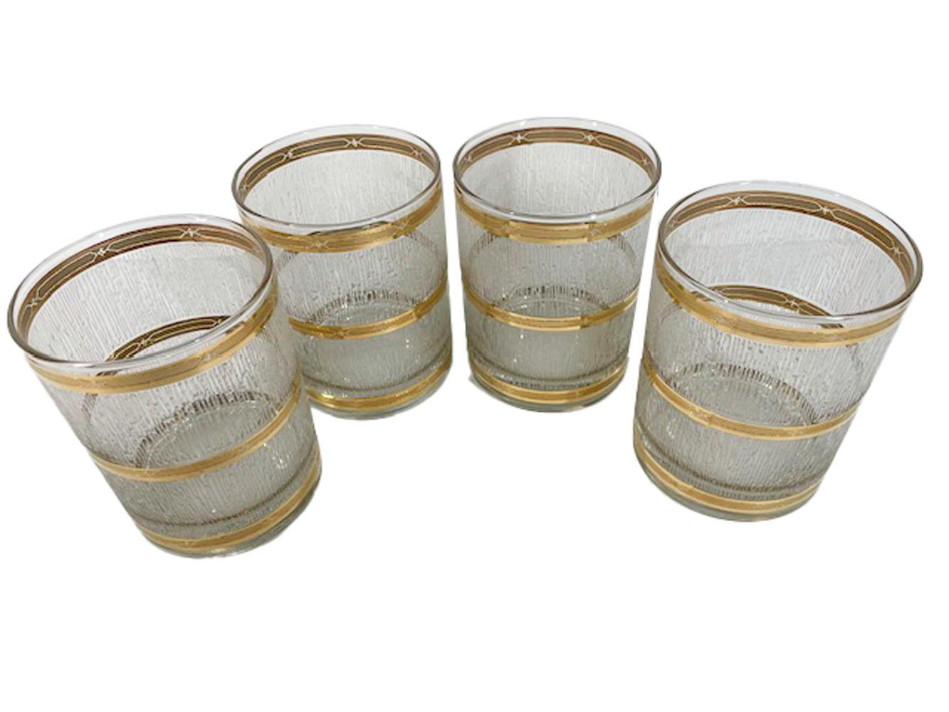 Mid-Century Modern Vintage Culver Glassware Rocks Glasses in the Icicle Pattern with 22k Gold Bands