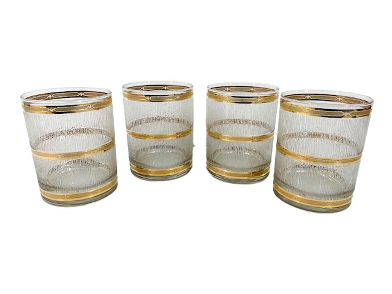 20th Century Vintage Culver Glassware Rocks Glasses in the Icicle Pattern with 22k Gold Bands