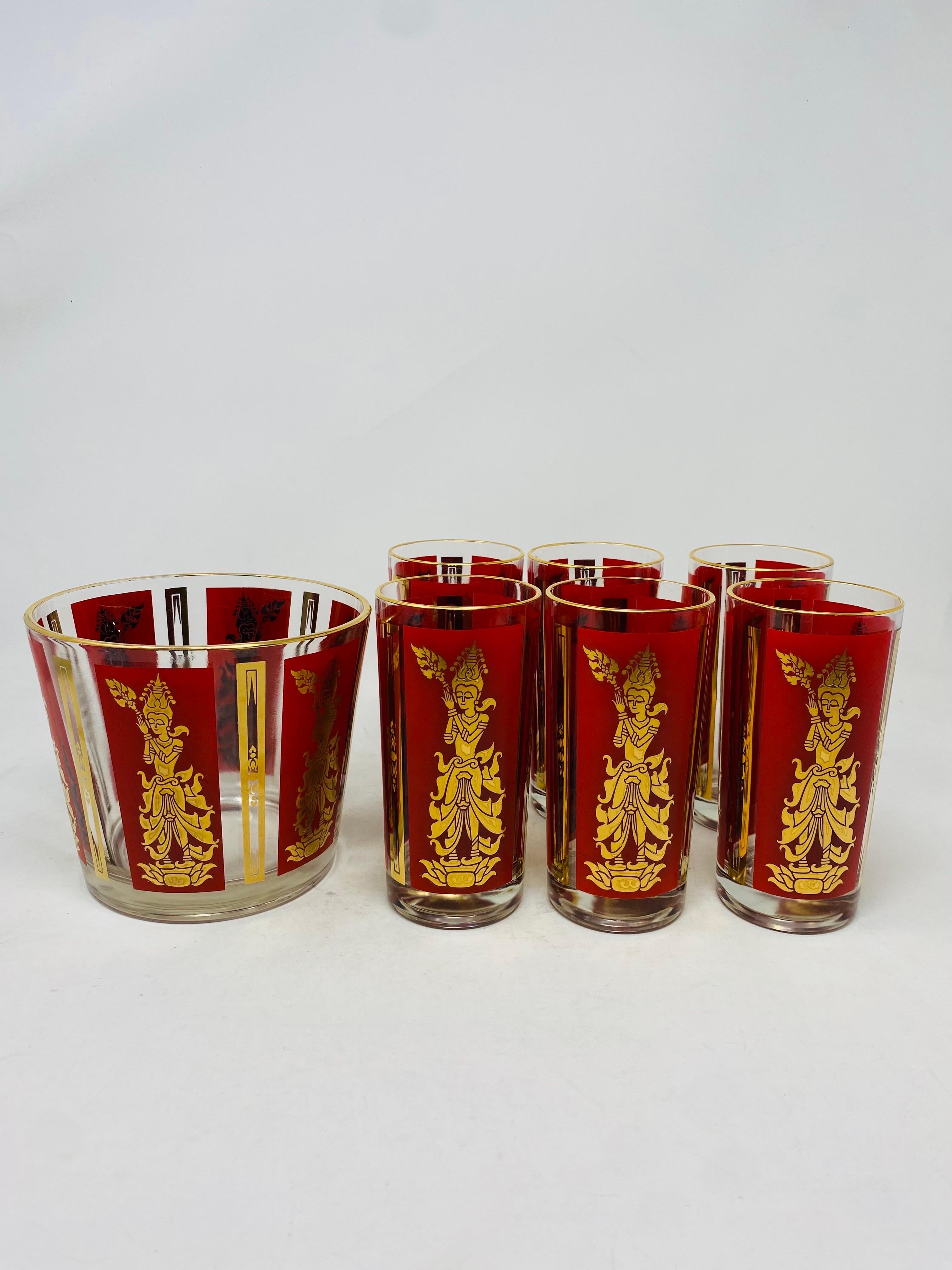 Mid-Century Modern Vintage Culver Gold Red Thai Goddess Bar Glasses and Ice Bucket For Sale