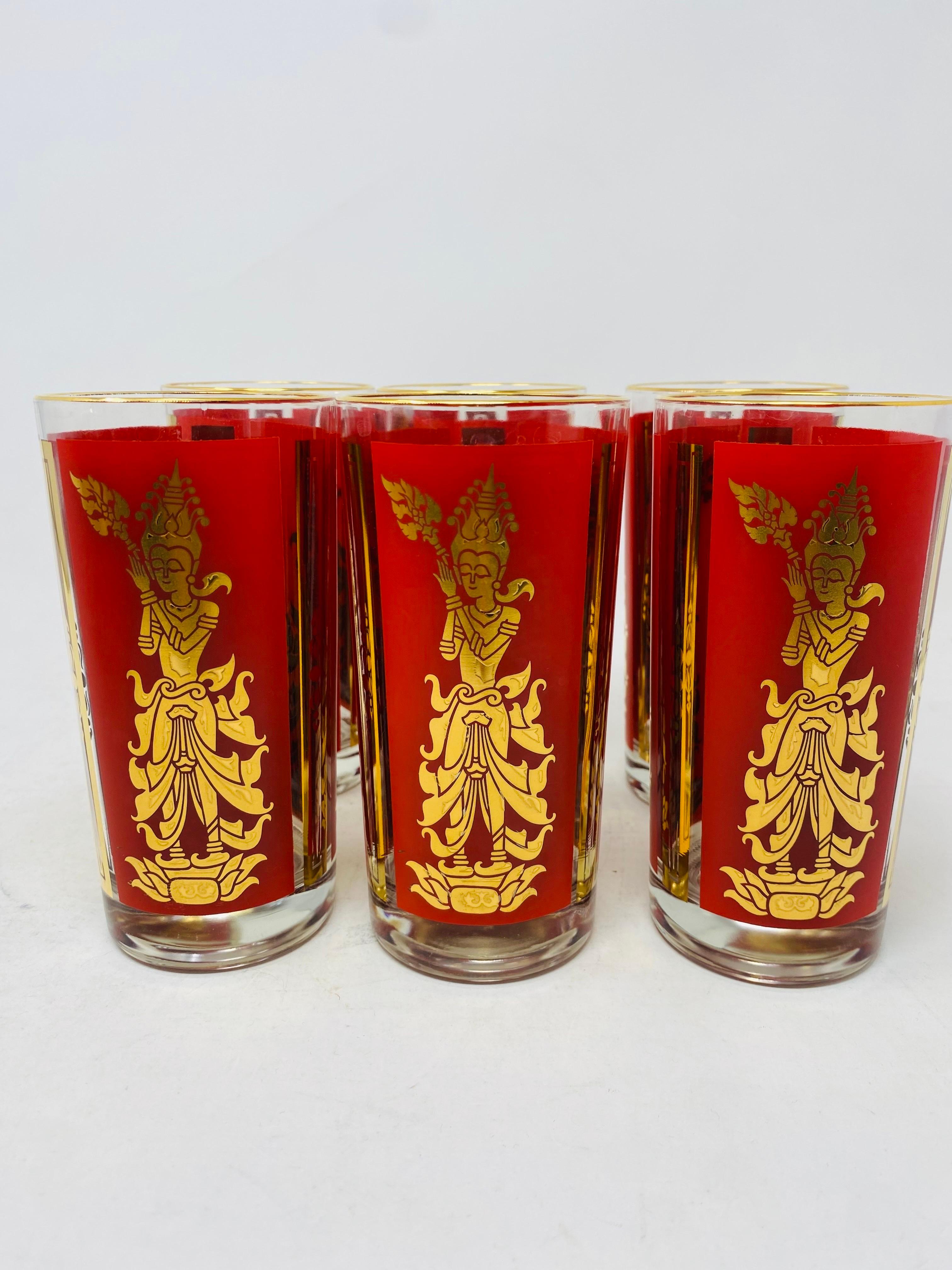 American Vintage Culver Gold Red Thai Goddess Bar Glasses and Ice Bucket For Sale