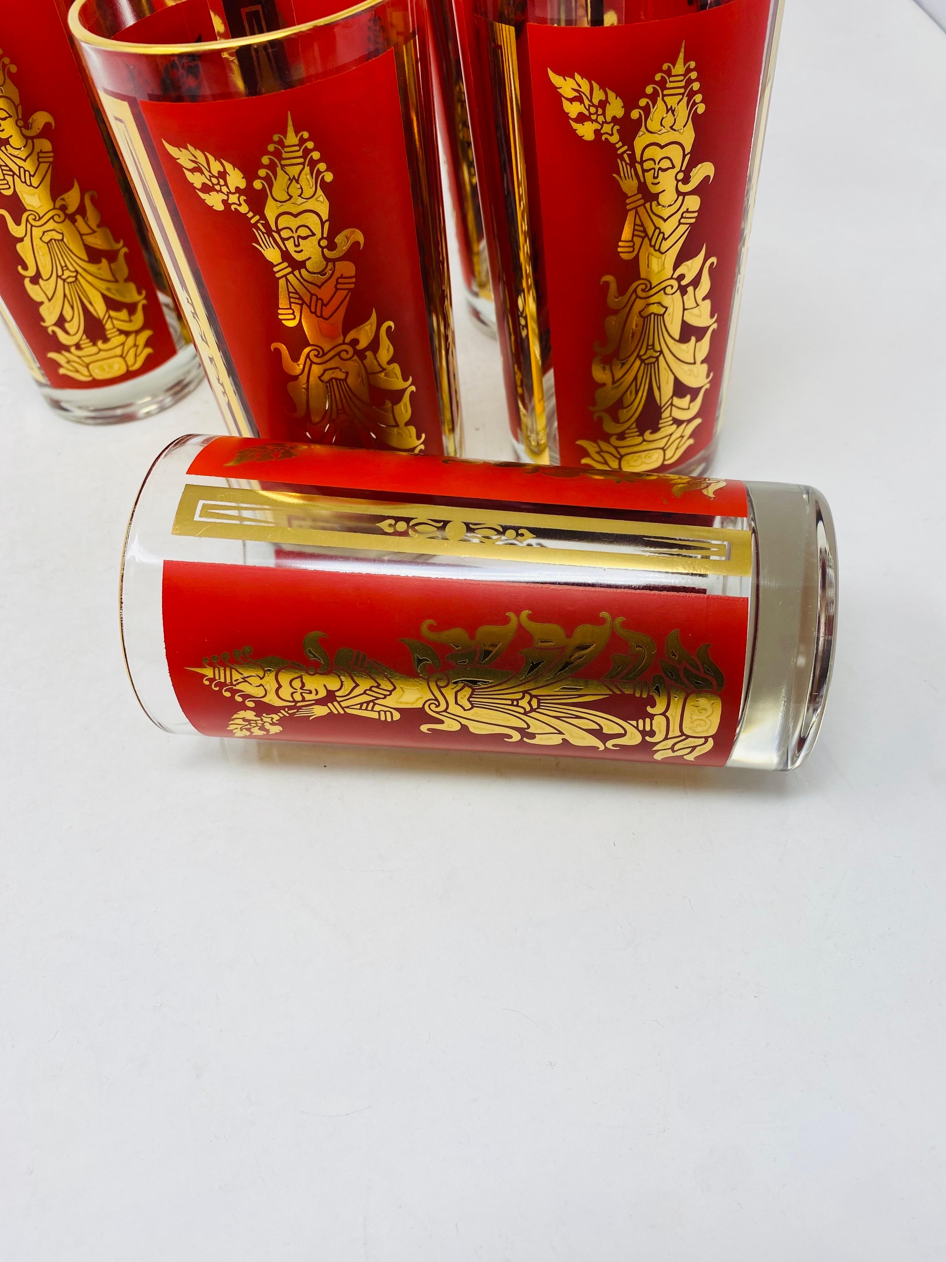 Cast Vintage Culver Gold Red Thai Goddess Bar Glasses and Ice Bucket For Sale