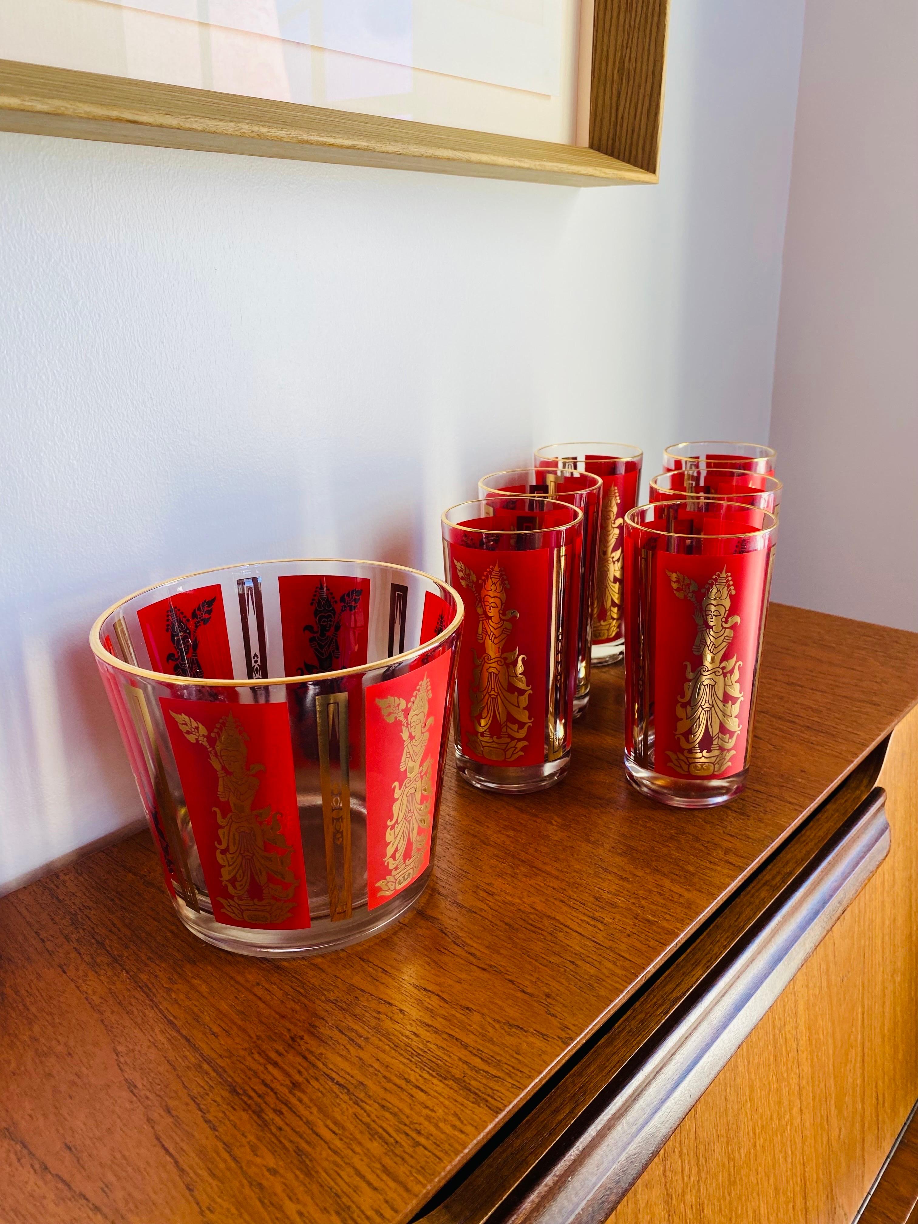 Vintage Culver Gold Red Thai Goddess Bar Glasses and Ice Bucket In Good Condition For Sale In San Diego, CA