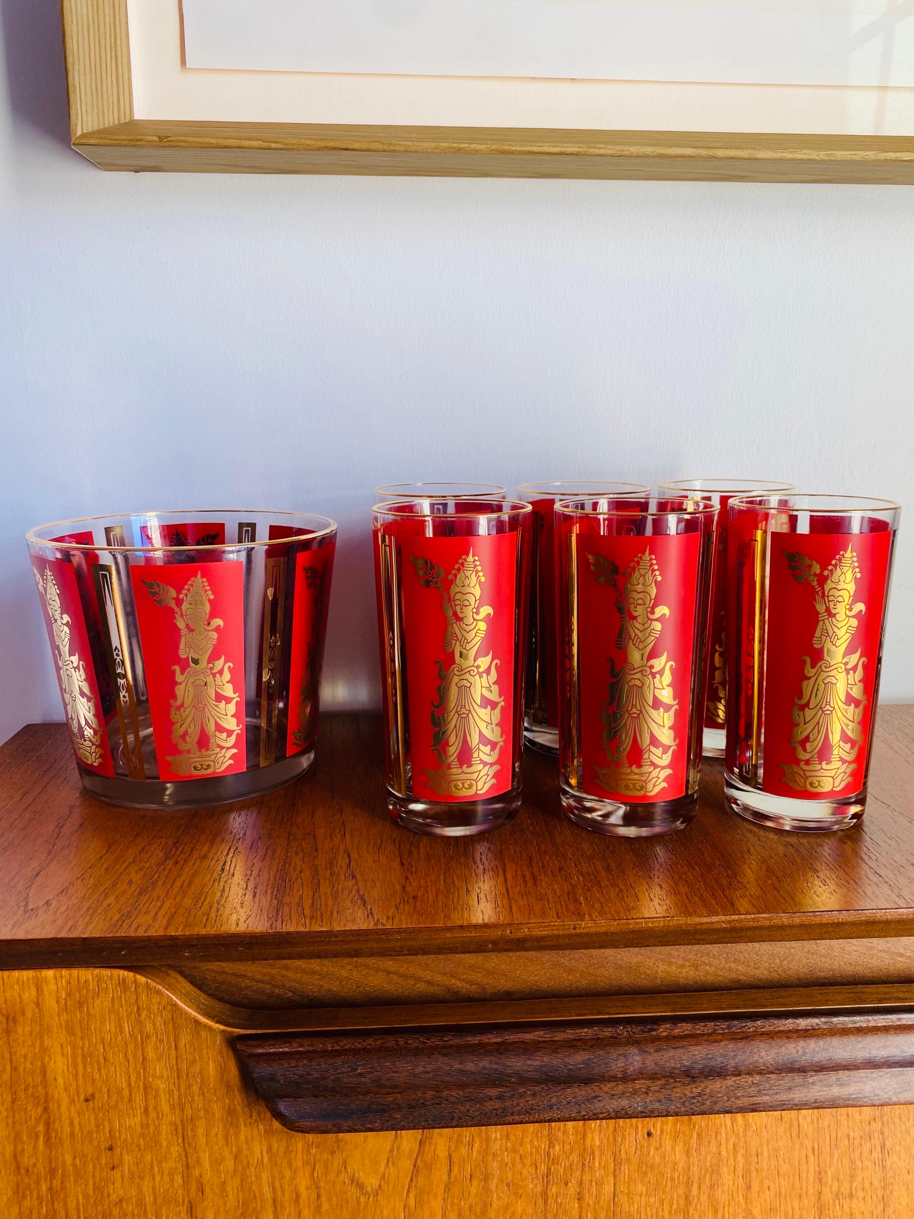 Brass Vintage Culver Gold Red Thai Goddess Bar Glasses and Ice Bucket For Sale