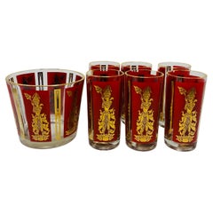 Bicchieri da bar Culver Gold Red Thai Goddess e secchiello per il ghiaccio d'epoca