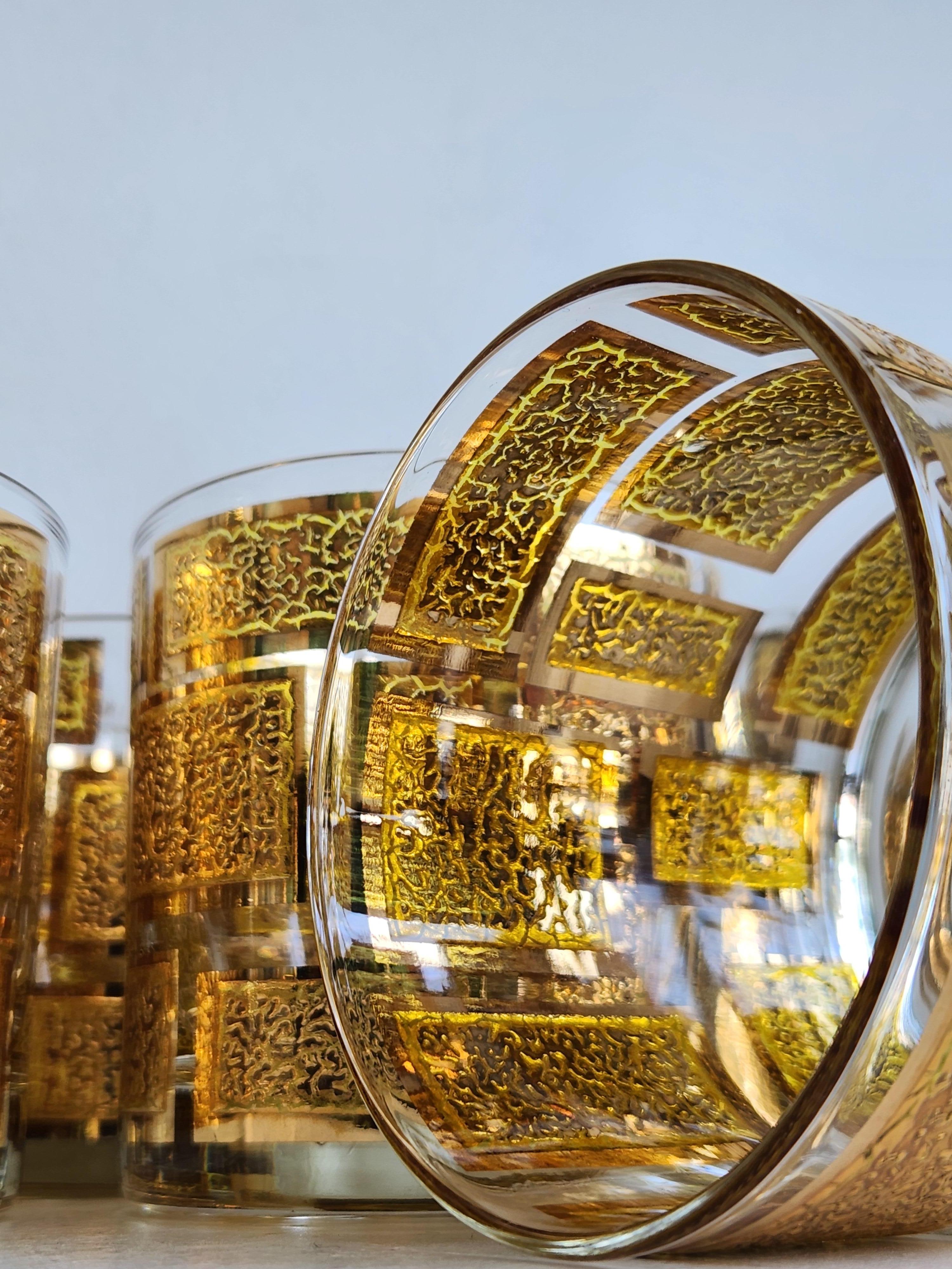 Hollywood Regency Vintage Culver Golden Squares 11oz. Verres à l'ancienne en vente