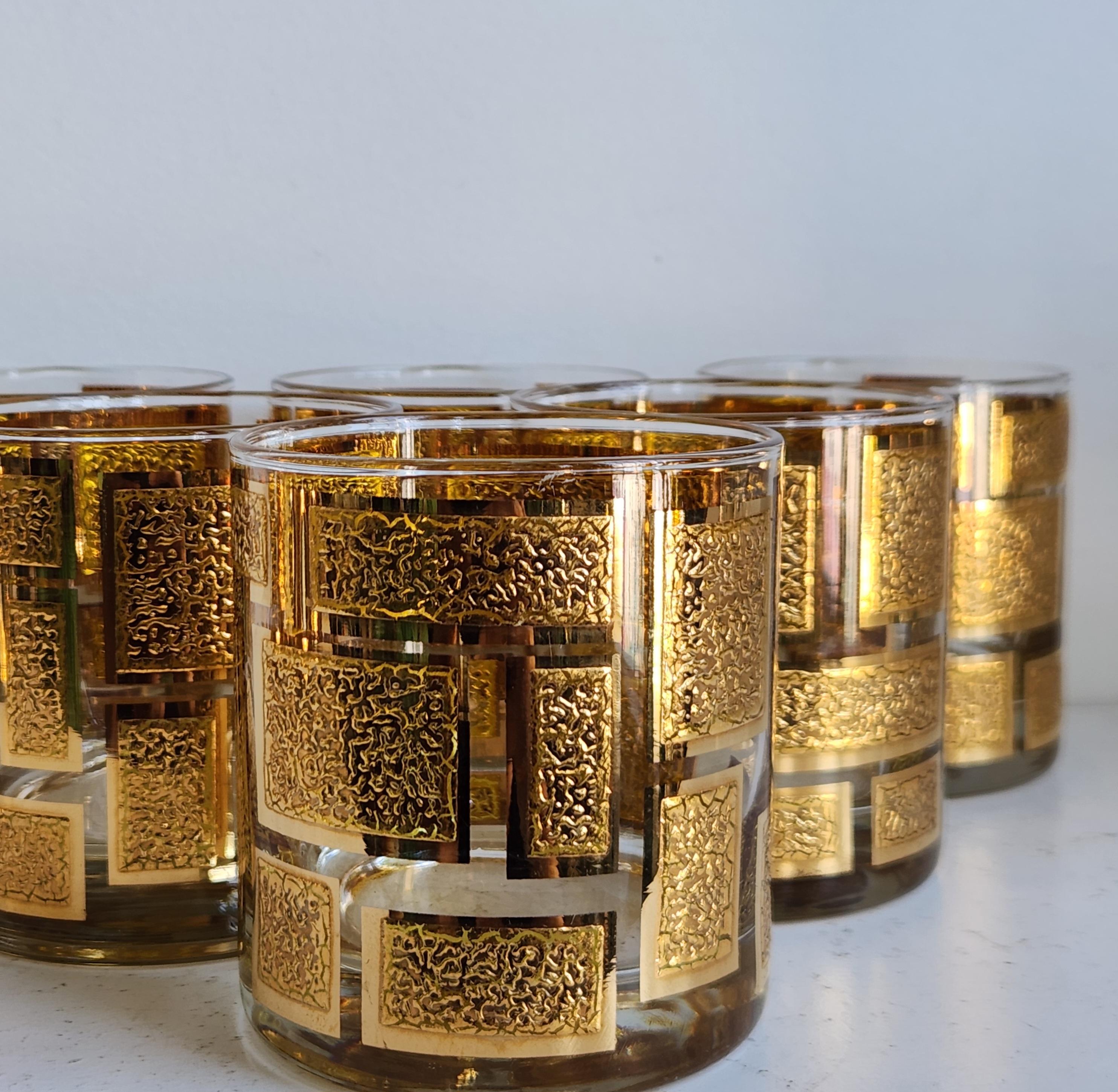Milieu du XXe siècle Vintage Culver Golden Squares 11oz. Verres à l'ancienne en vente