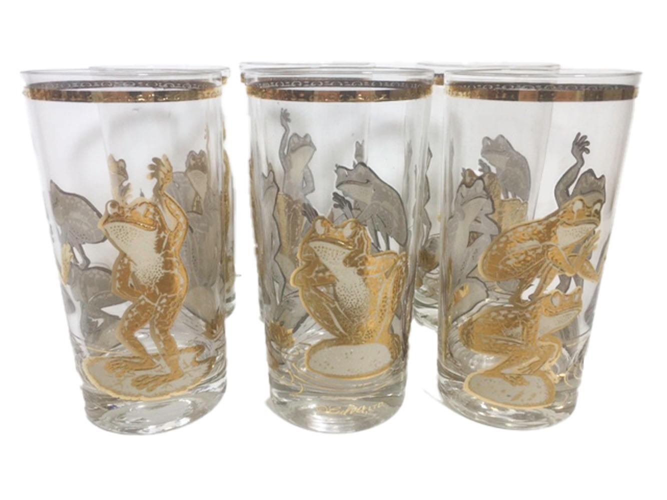 12 midcentury culver glassware cocktail glasses, 6 each highball and rocks glasses. Decorated in white enamel and 22 karat gold with frogs playing leap frog and dancing.

6 - Highball glasses: 5-1/2