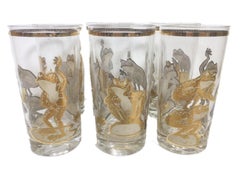 Vintage Culver Highball and Rocks Glasses with Gold Frogs Playing Leapfrog
