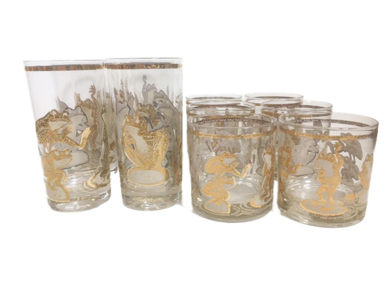 Mid-Century Modern Vintage Culver Highball and Rocks Glasses with Gold Frogs Playing Leapfrog