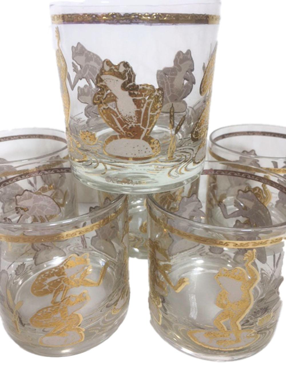 American Vintage Culver Highball and Rocks Glasses with Gold Frogs Playing Leapfrog