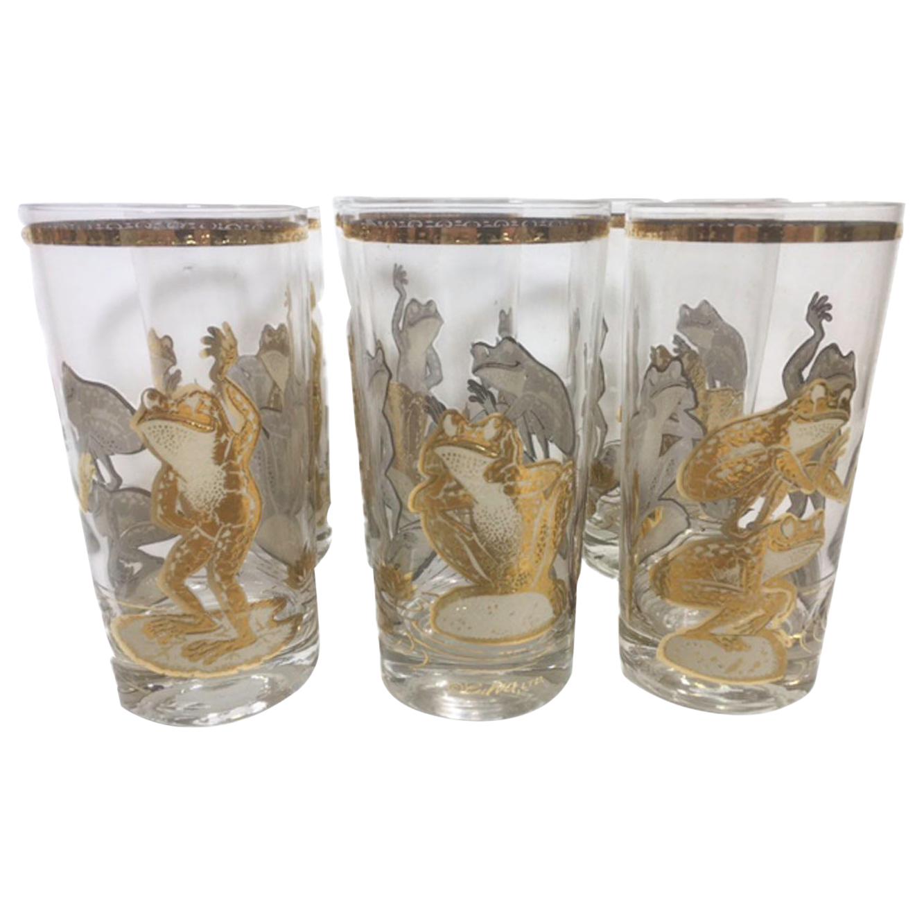 Vintage Culver Highball and Rocks Glasses with Gold Frogs Playing Leapfrog