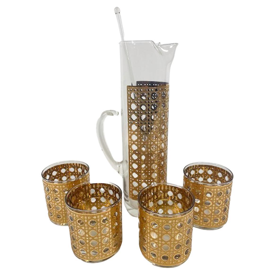 Ensemble de cocktail canella vintage Culver, LTD, avec carafe, pichet à poignée, étrier et 4 verres en vente