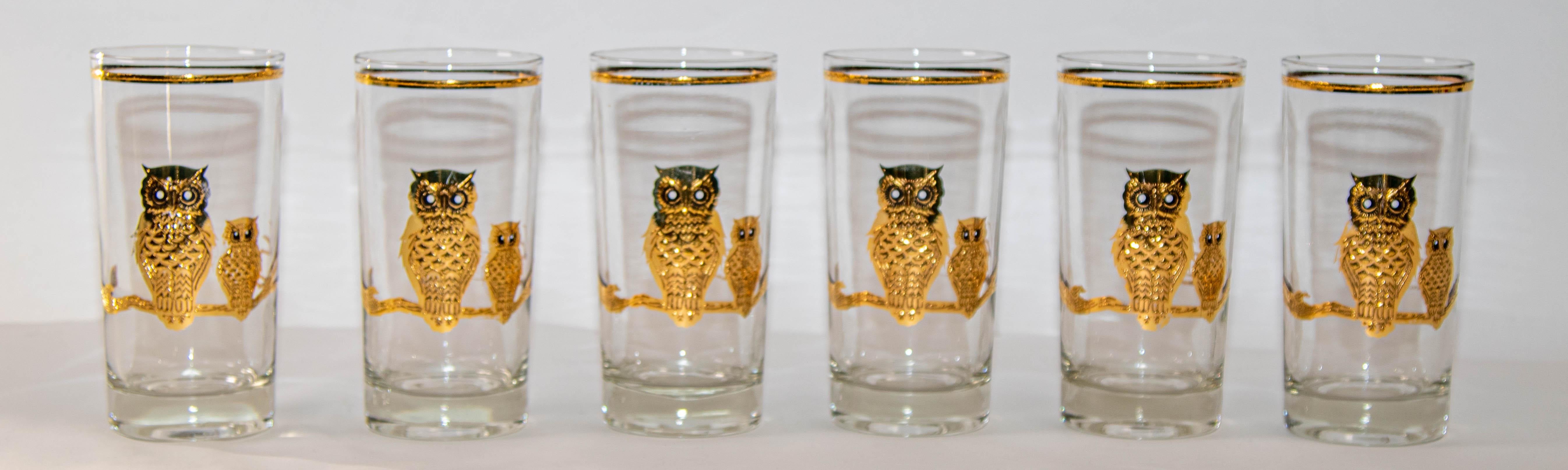 1950's Vintage Culver Ltd Highball Drinking Glasses with 22K Gold Owls Set of 6 For Sale 6