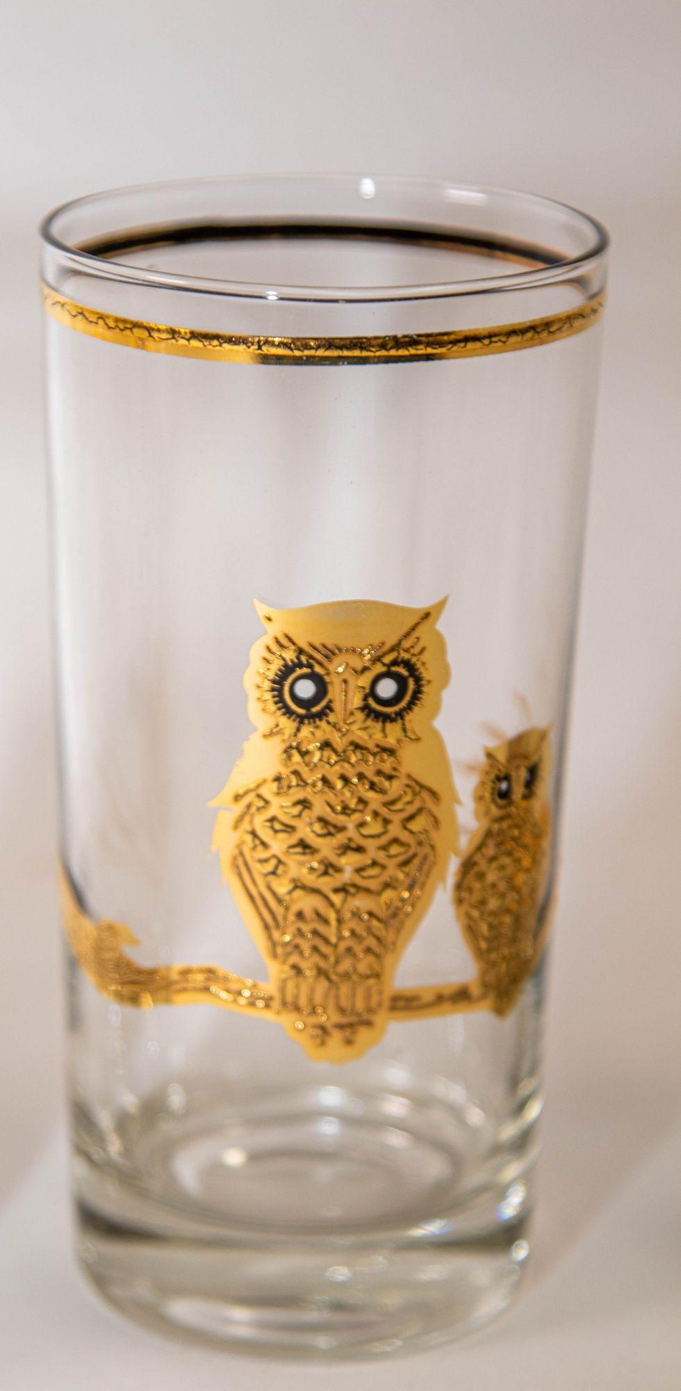 1950's Vintage Culver Ltd Highball Drinking Glasses with 22K Gold Owls Set of 6 For Sale 2