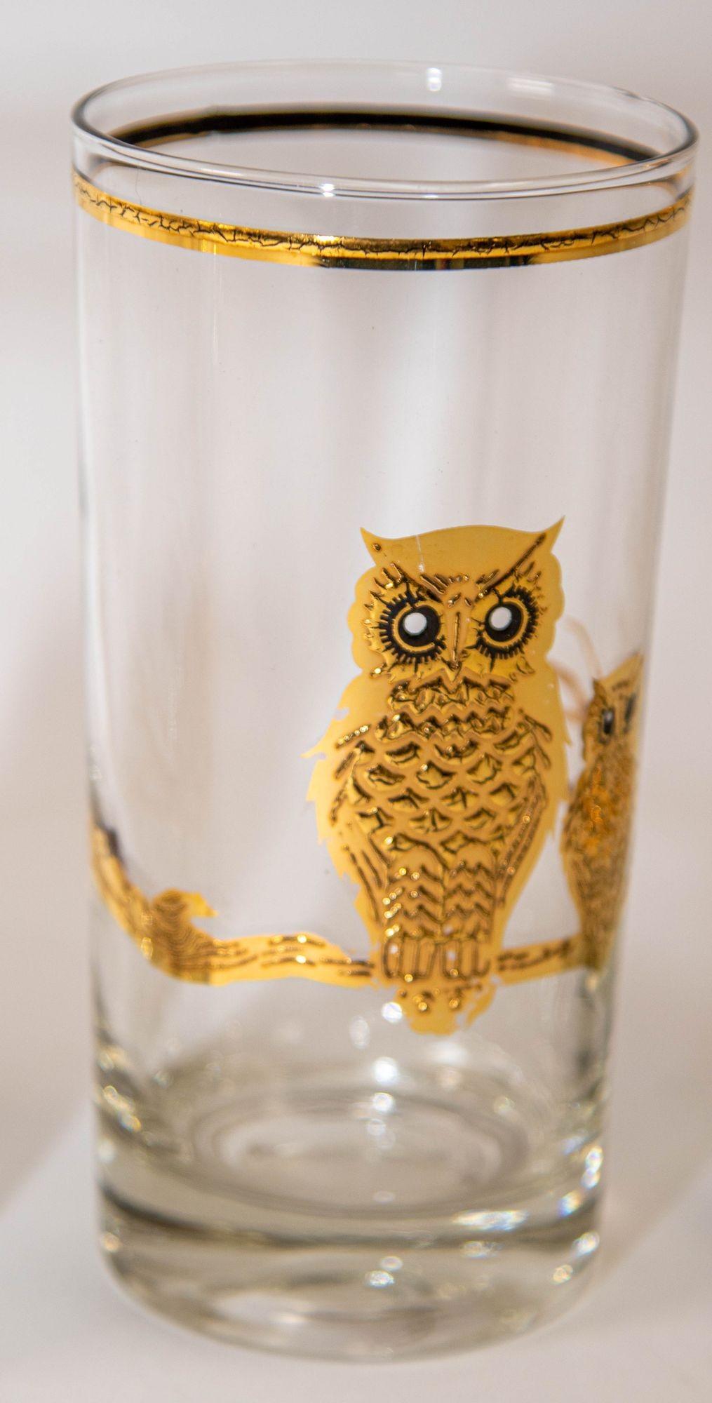 1950's Vintage Culver Ltd Highball Drinking Glasses with 22K Gold Owls Set of 6 For Sale 3