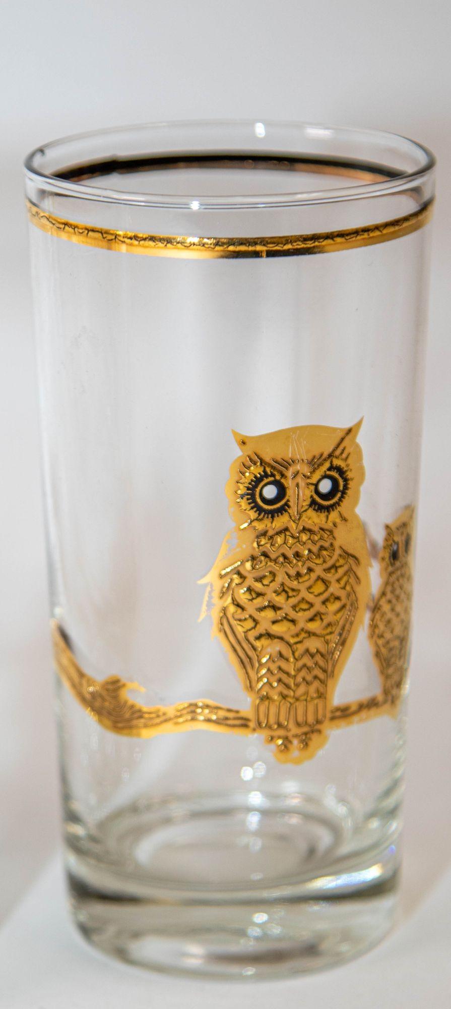 1950's Vintage Culver Ltd Highball Drinking Glasses with 22K Gold Owls Set of 6 For Sale 4