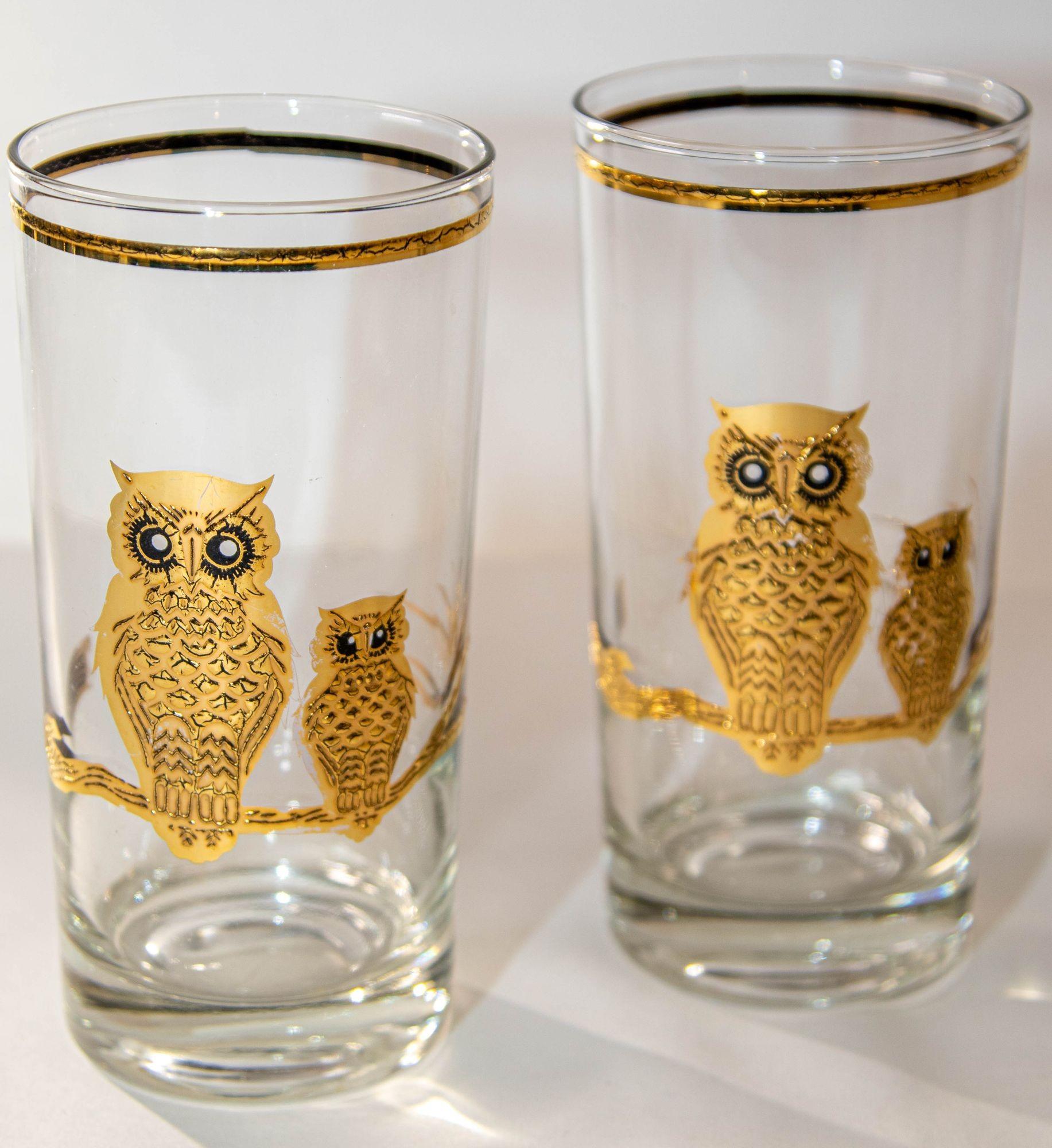 1950's Vintage Culver Ltd Highball Drinking Glasses with 22K Gold Owls Set of 6 For Sale 5