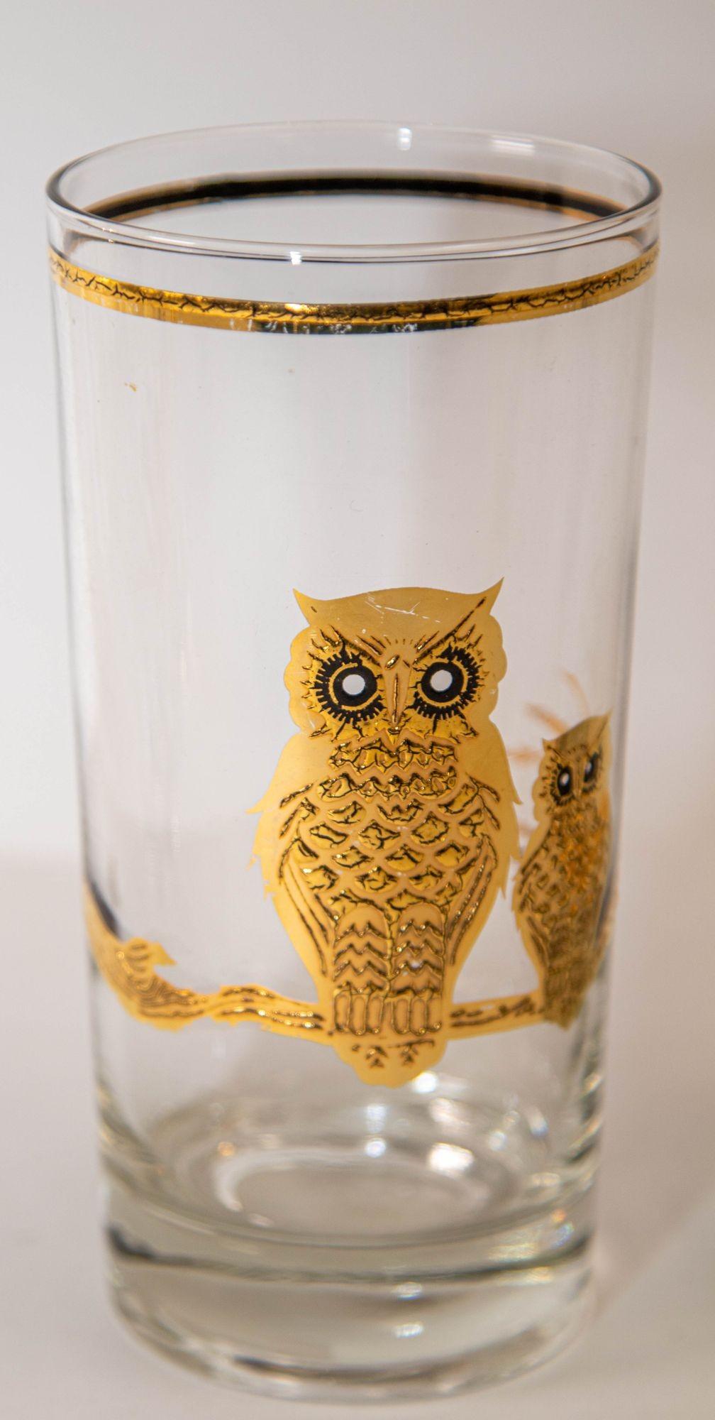 1950's Vintage Culver Ltd Highball Drinking Glasses with 22K Gold Owls Set of 6 For Sale 1