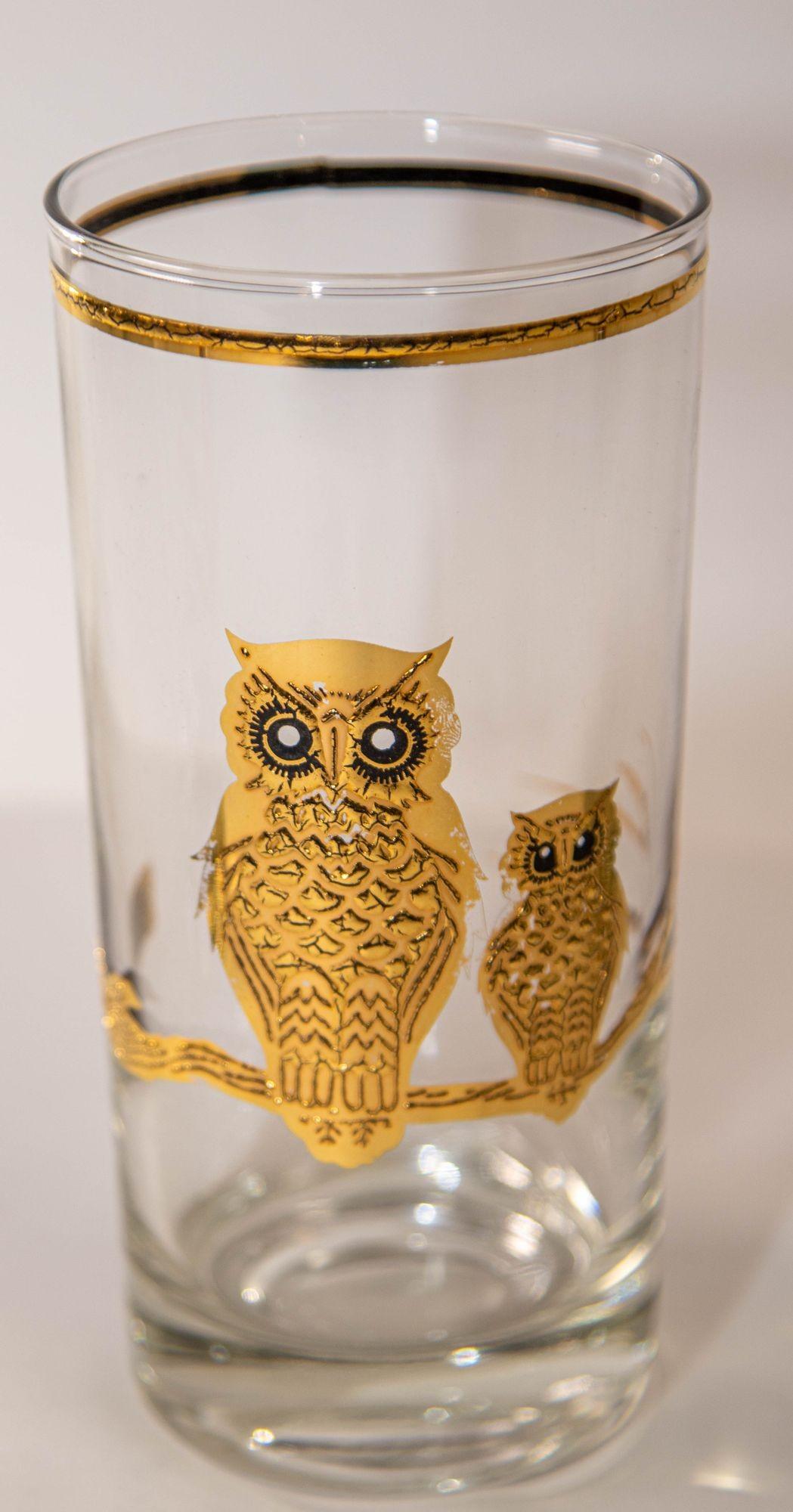20th Century 1950's Vintage Culver Ltd Highball Drinking Glasses with 22K Gold Owls Set of 6 For Sale